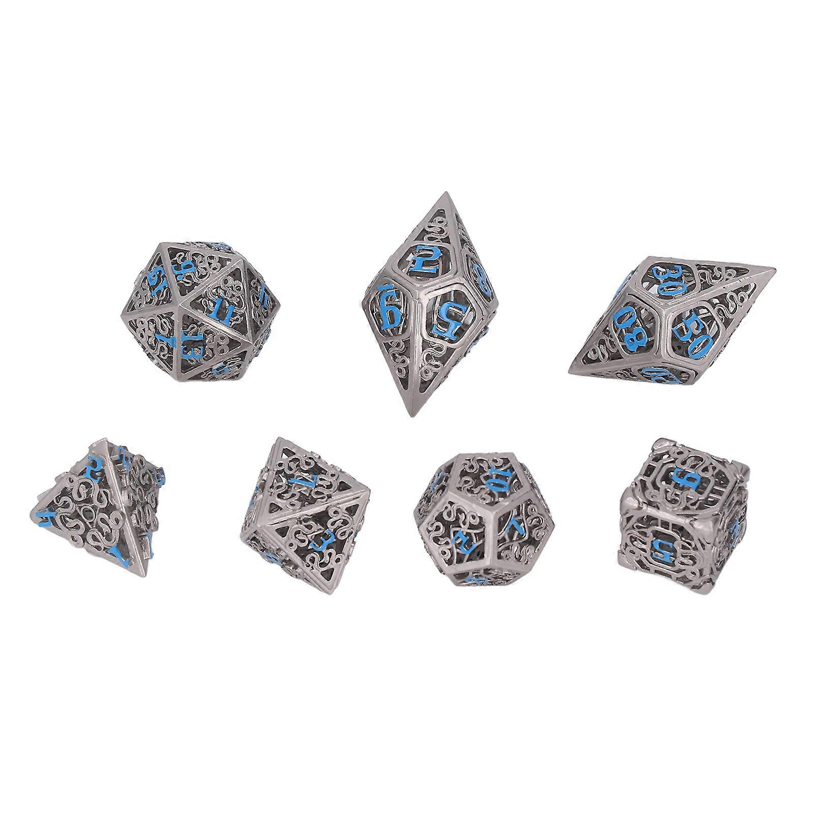 7pcs TRPG DND Hollow Dice Set D20 Dice Brass Rolling Beautiful Polyhedron Dices with Blue Numbers for Games