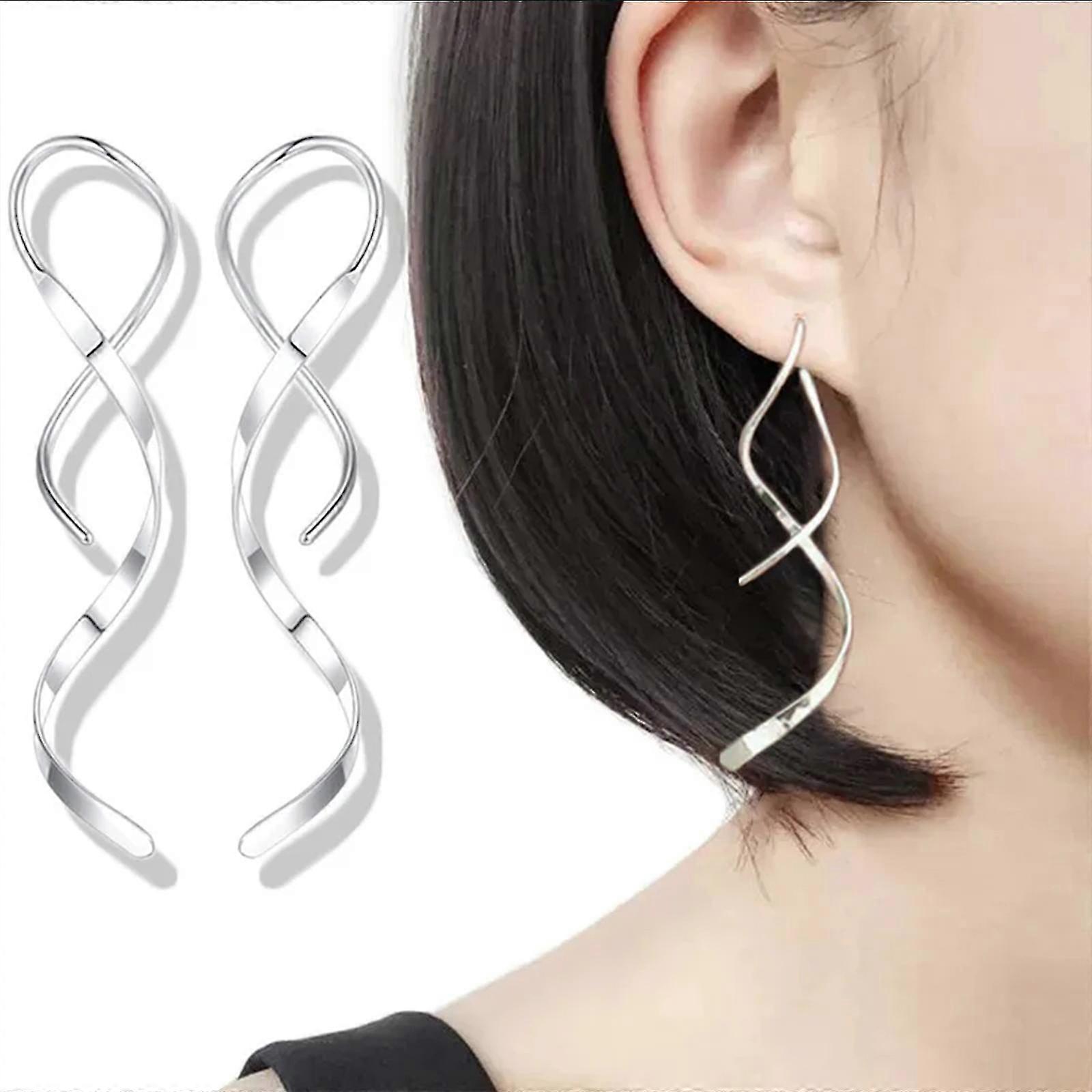 Spiral Threader Earrings, 8g Stainless Steel Drop Dangle Handmade Twisted Linear Curved Dangling Minimal Earrings For Sensitive Ear