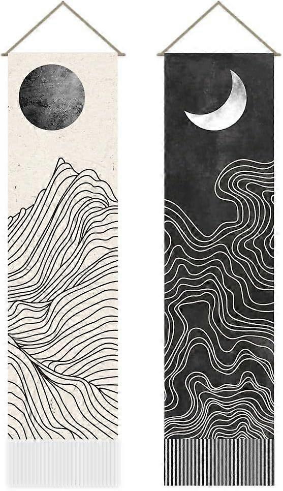 2Pcs Boho Line Sun and Moon Tapestry Black and White Sun Moon Long Vertical Tapestry Wall Hanging Minimalist Abstract Tassel Wall Aesthetic Tapestry f