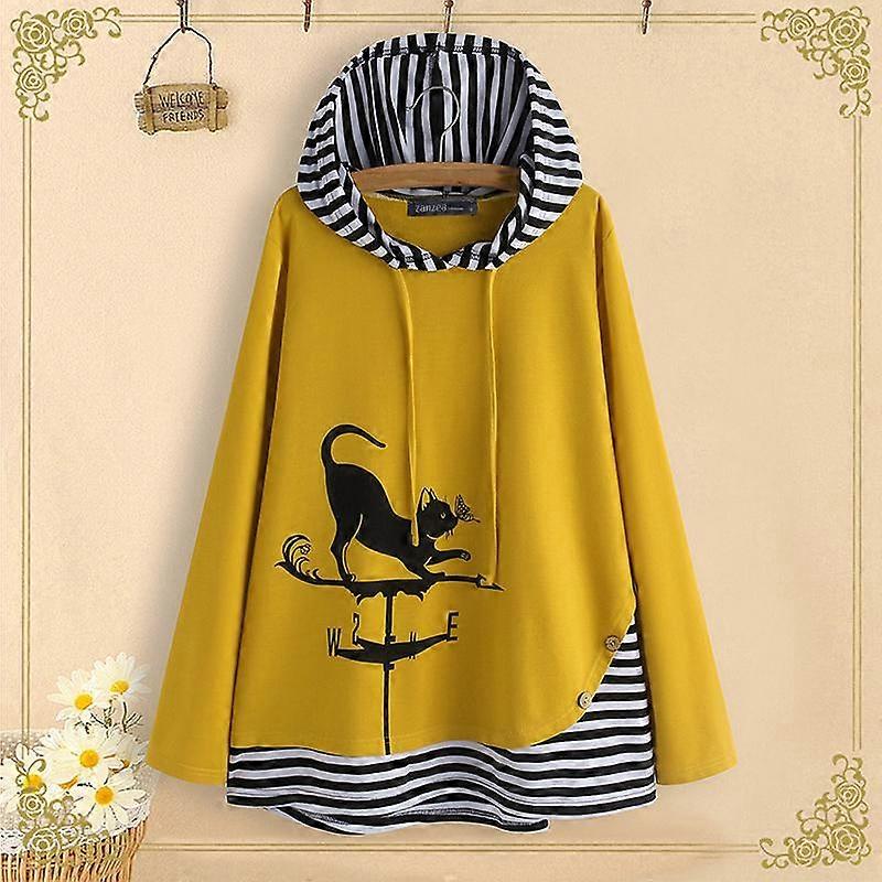 ZANZEA Cat Print Hooded Tunic Top