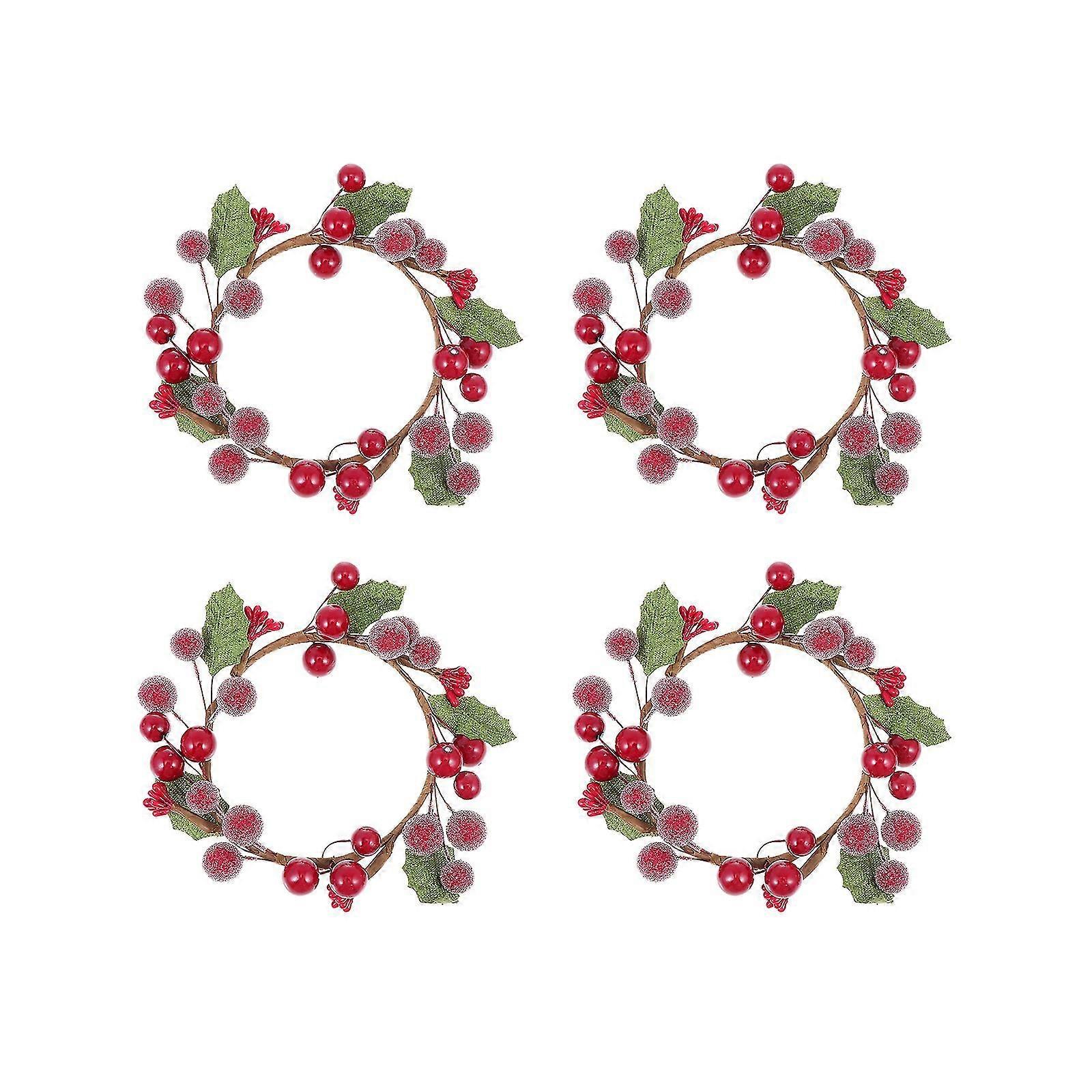 4 Pcs Desktop Decor Front Door Wreaths Mini Berry Twig Wreath Pinecone Candle Rings Candle Holder Wreath