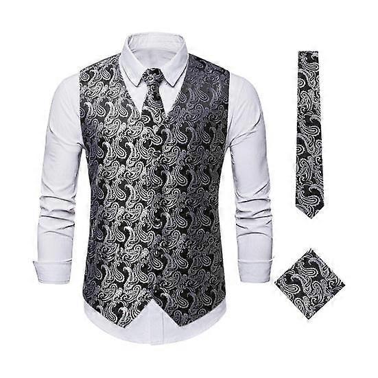 3Pcs/Set Men Waistcoat Set Cashew Nut Print V-neck Single Breasted Waistcoat Business Tie Kerchief