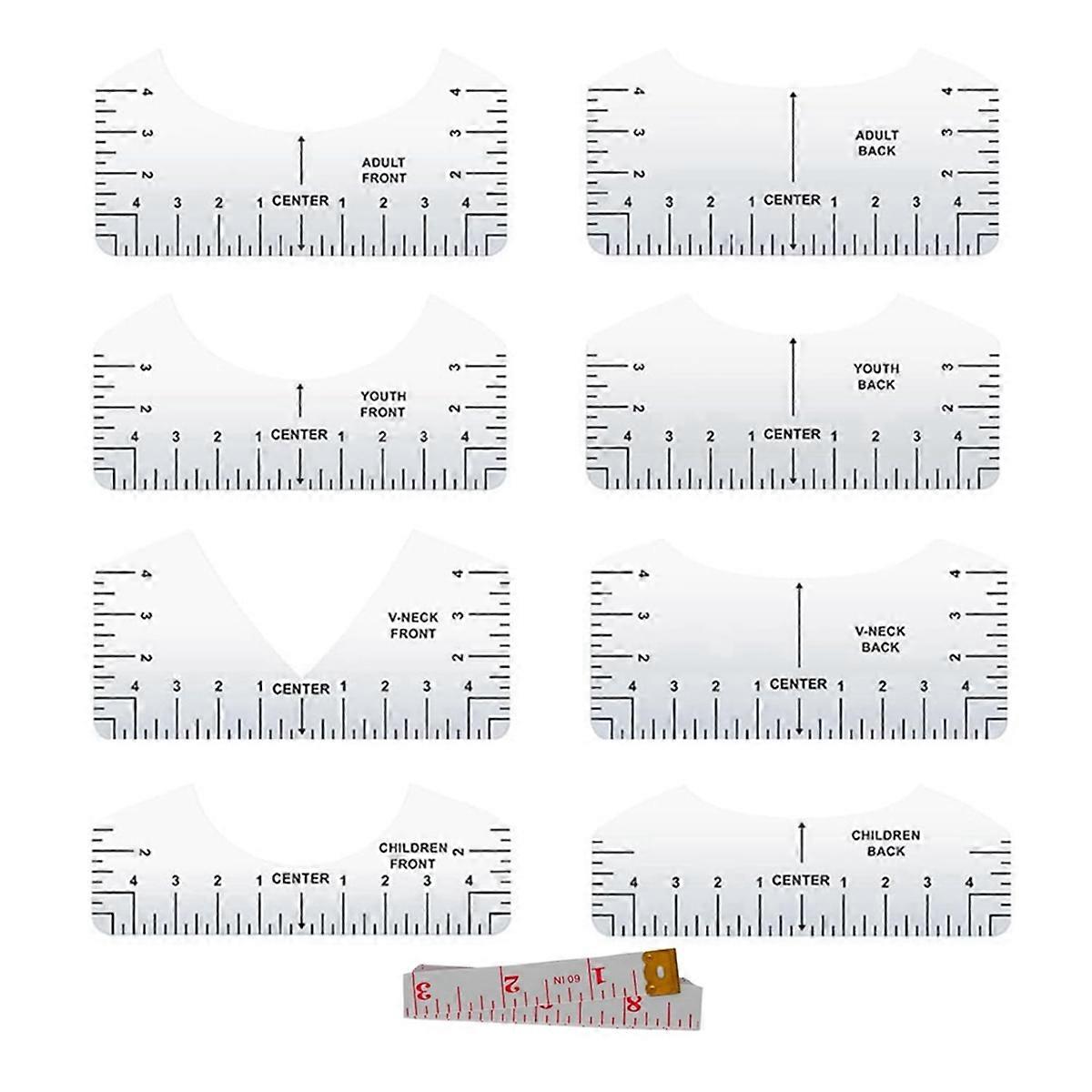 9pcs Tshirt Ruler Guide to Center Vinyl, Transparent V-Neck/Round PVC Ruler for Alignment, Heat Pre
