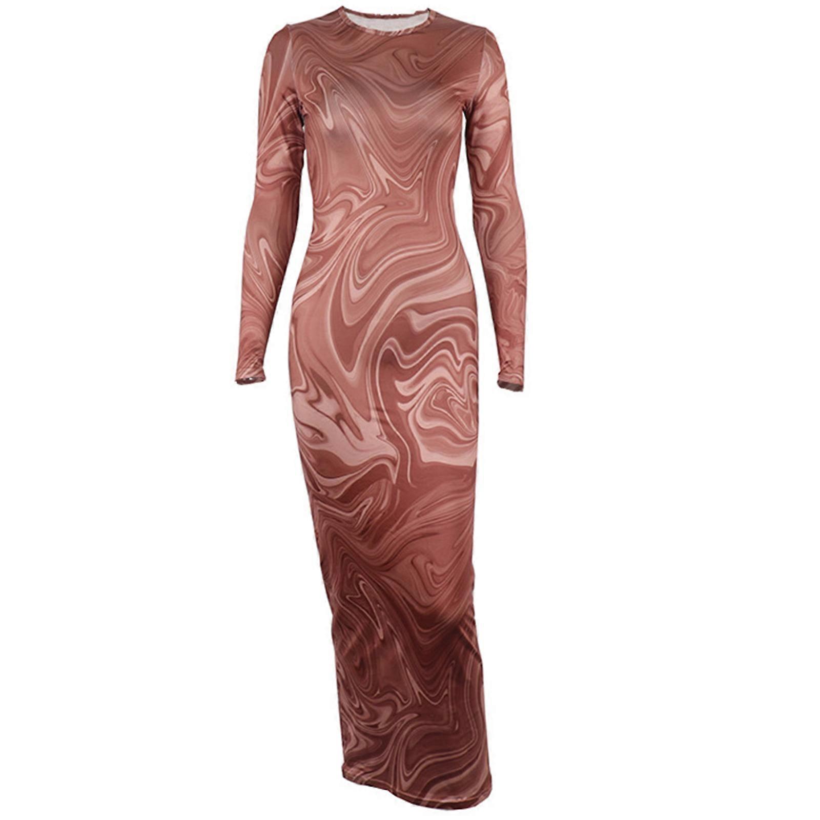 Naisten painettu bodycon-mekko pitkähihainen ja pyöreä kaula-aukko Midi Bodycon lyijykynämekot ruskea S