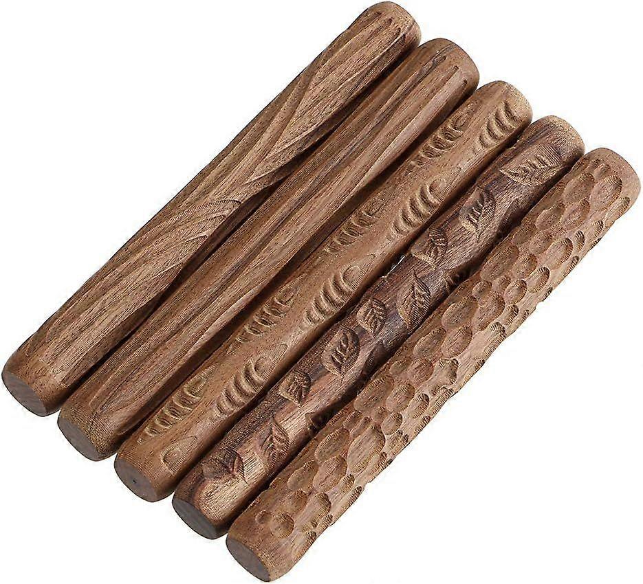 Set of 5 Clay Modeling Rollers, Fish Leaves, Cobblestone Ripple Wood Grain Pattern 4.7", Clay Rolling Pin, Textured Hand Roller, Wooden Handle, Potter
