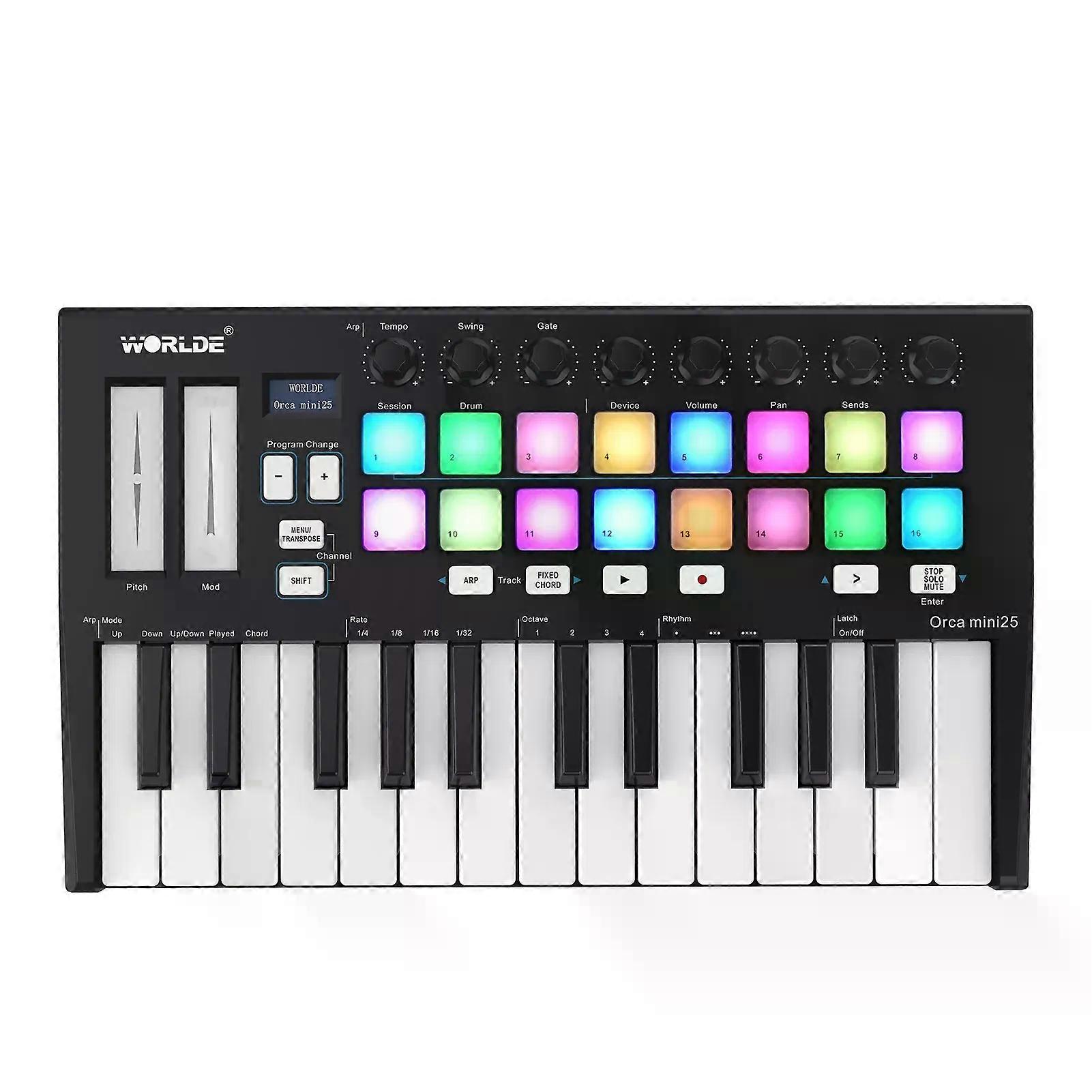 WORLDE Panda mini Controller per tastiera MIDI USB a 25 tasti Controller MIDI USB Tastiera per pianoforte e 8 trigger pad retroilluminati RGB Musica