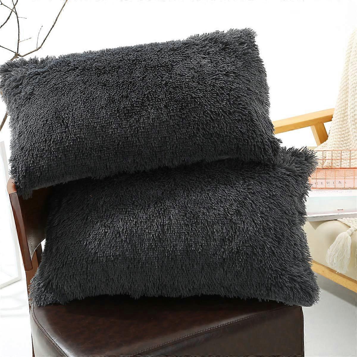 2 Pack Super Soft Fluffy Faux Fur Shaggy Pillowcase Decorative Throw Pillow Shams Standard/Queen Size