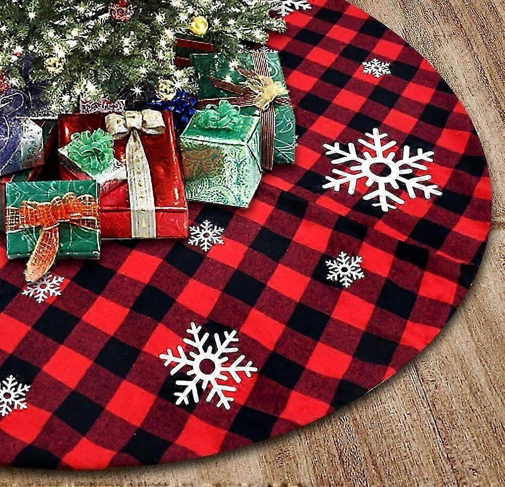 Larger 48 Inch Plaid Snowflake Christmas Tree Skirt - Featuring 3 Inch Red and Black Buffalo Checked Plaid Design for Holiday Celebrations a