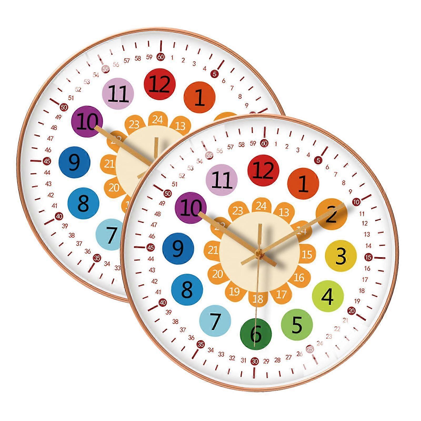 2x Silent Wall Clock Kids Learning Telling Time Teaching Clock Orange flower