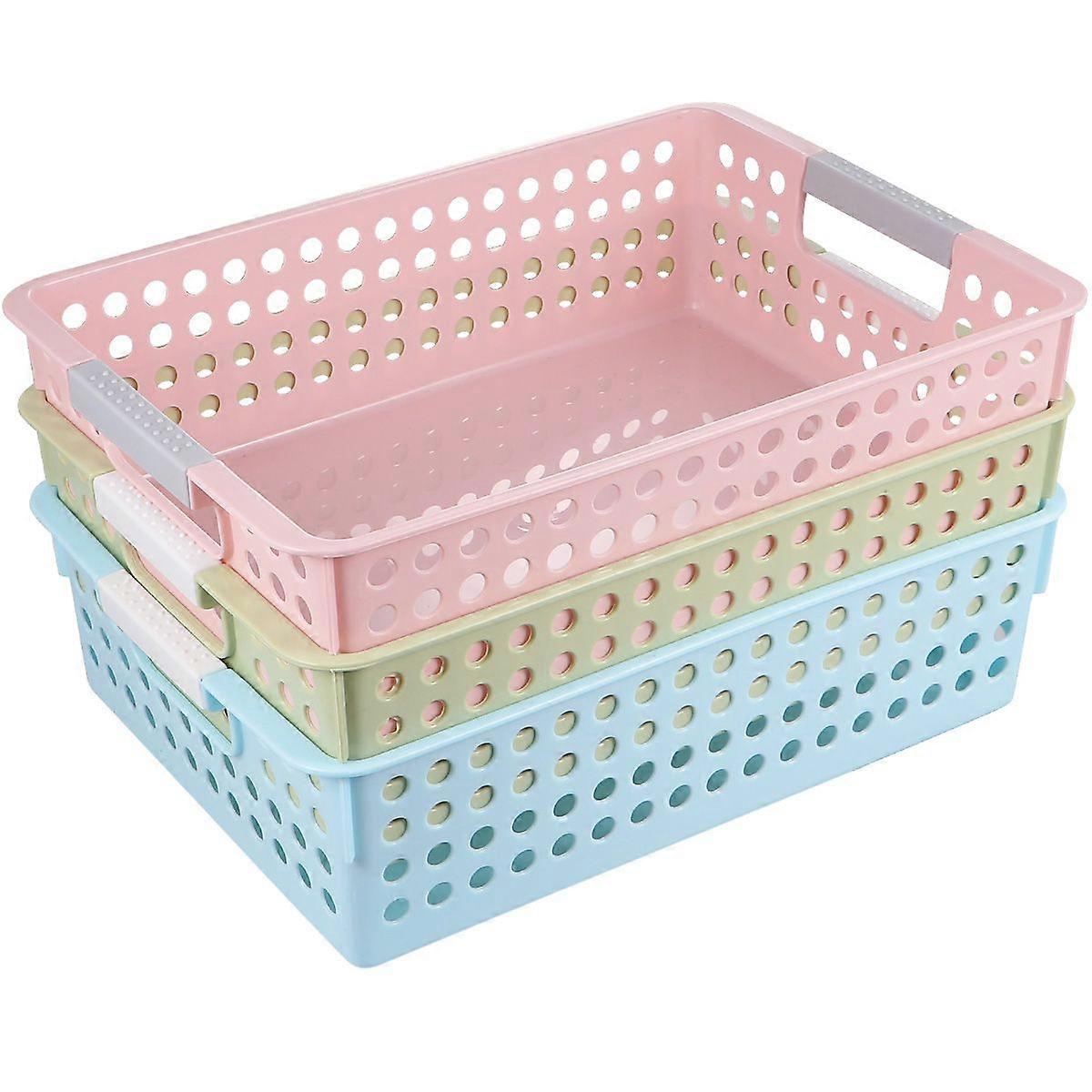 3Pcs Plastic Storage Basket Desktop Hollow Out File Storage Box Container Document Organizer for Home Office (Pink+Green+Blue)