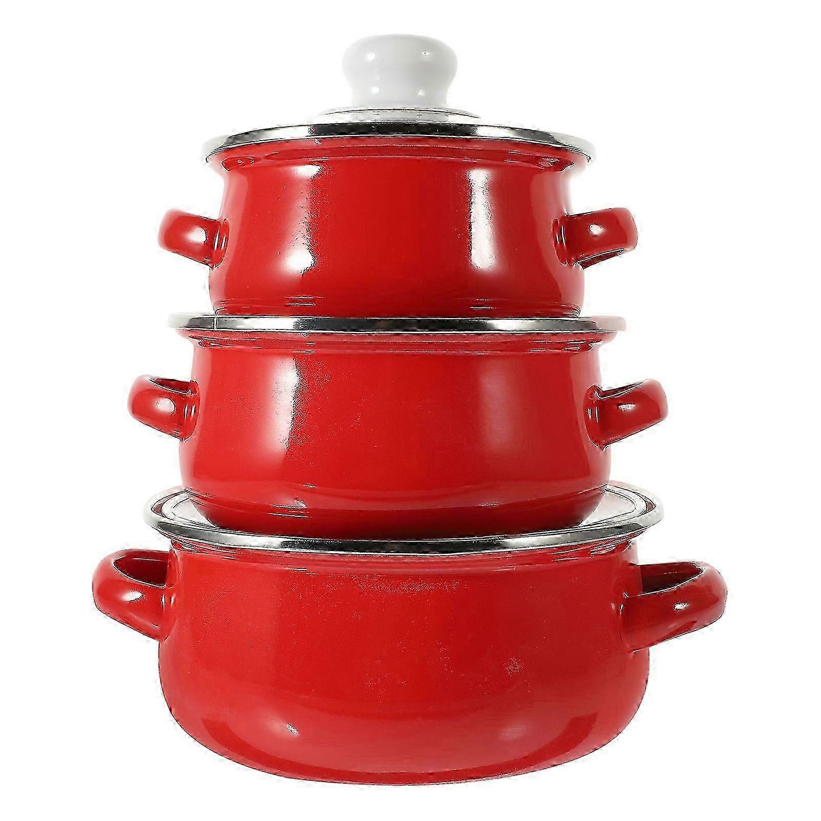3Pcs Multi-use Enamel Cooking Pot Set with Double Handles, 20.5x16x12cm, Red