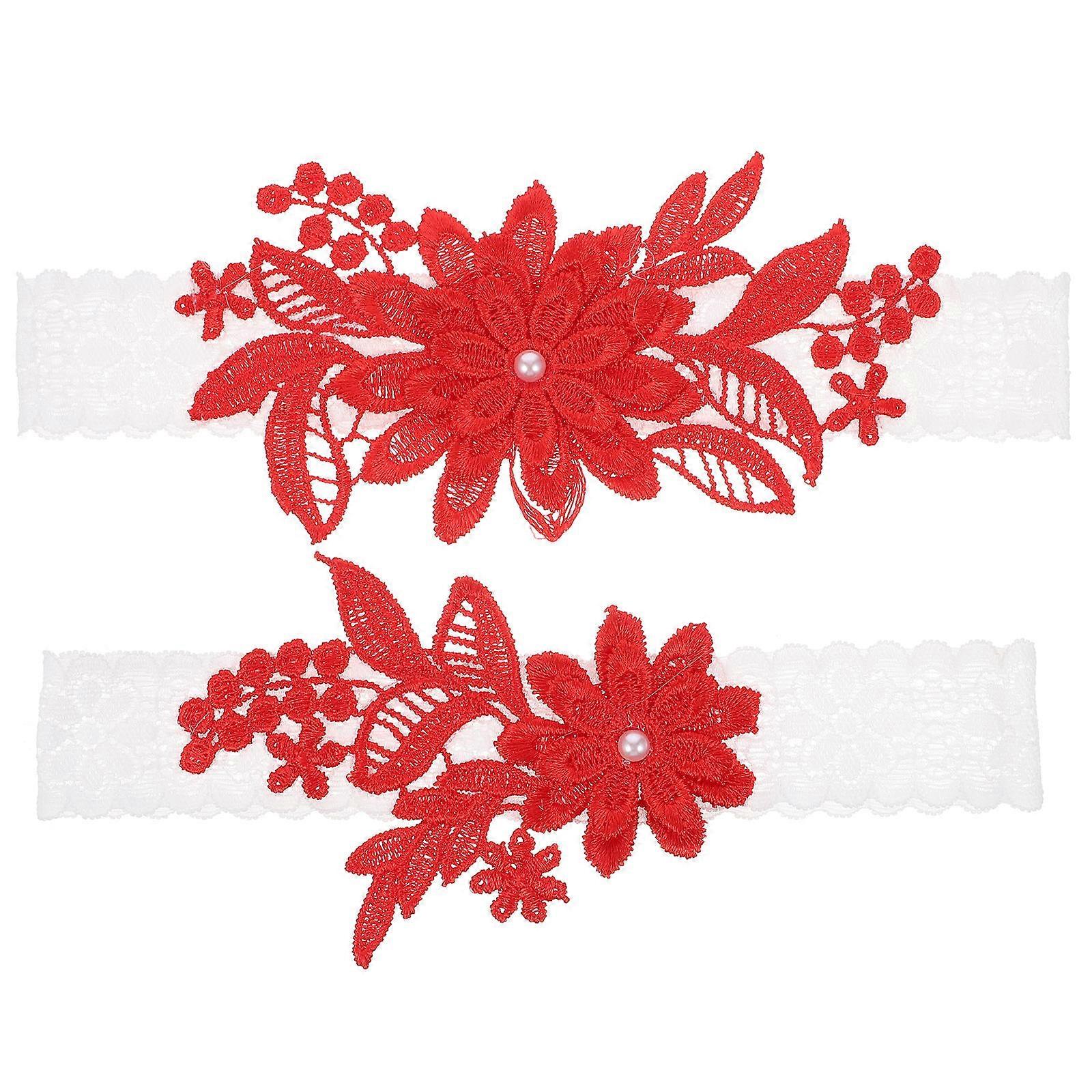 Elastic Lace Garter for Bride Wedding Use 1Set in Vibrant Red Color
