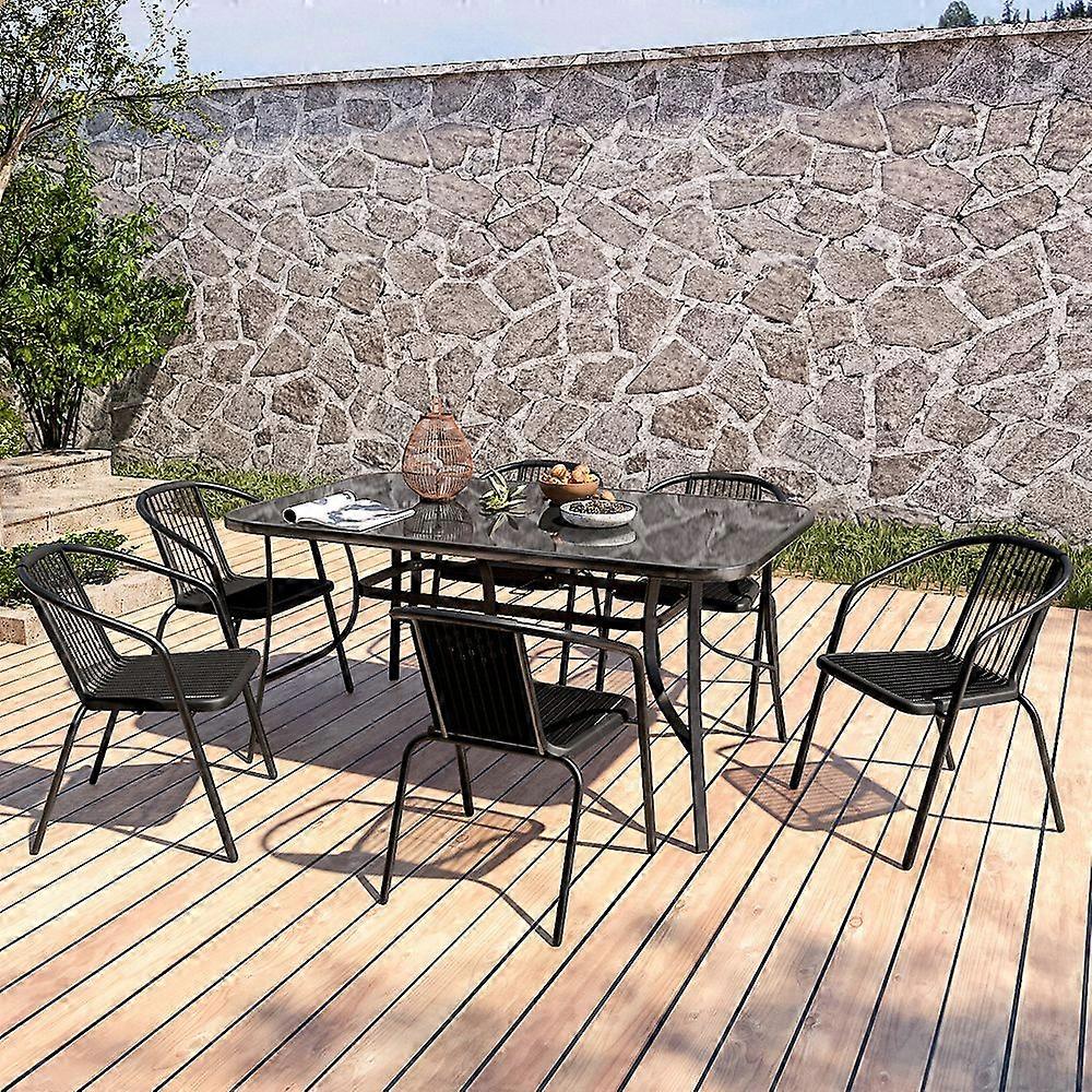 Set of 7 Garden 150CM Rectangle Glass Umbrella Table and Stackable Chairs Set