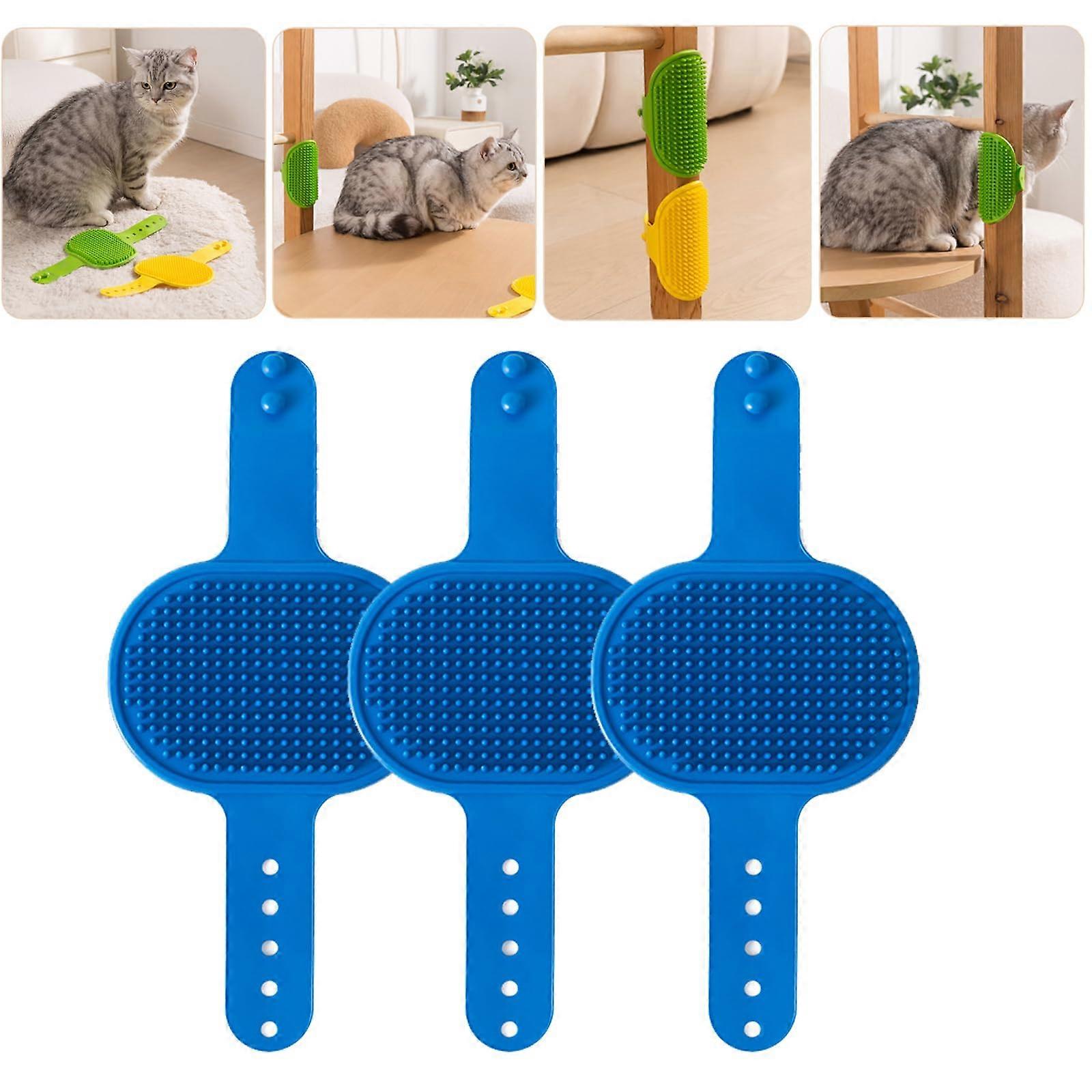 Meowvo Silicone Grooming Strap Pad for Cats, Adjustable Blue Cat Massager Tool, 3-Piece Grooming Set for Climbing Frames