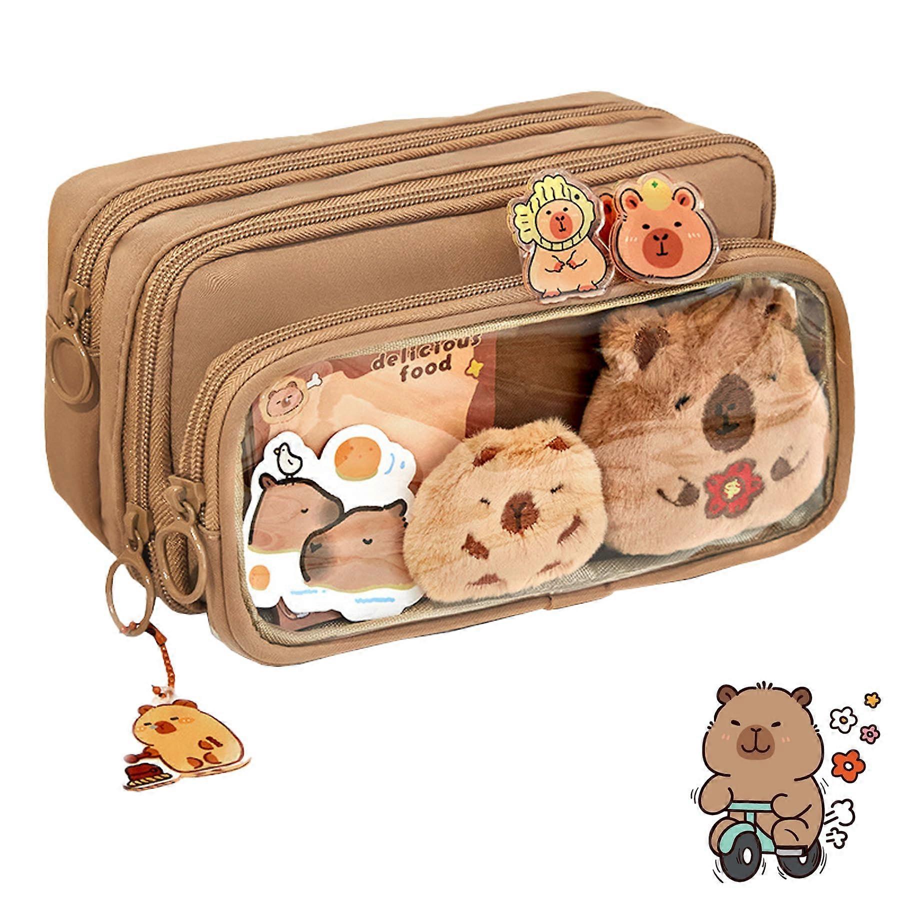 Capybara Pencil Case, Transparent with Guinea Pigs, Multilayer for Stationery