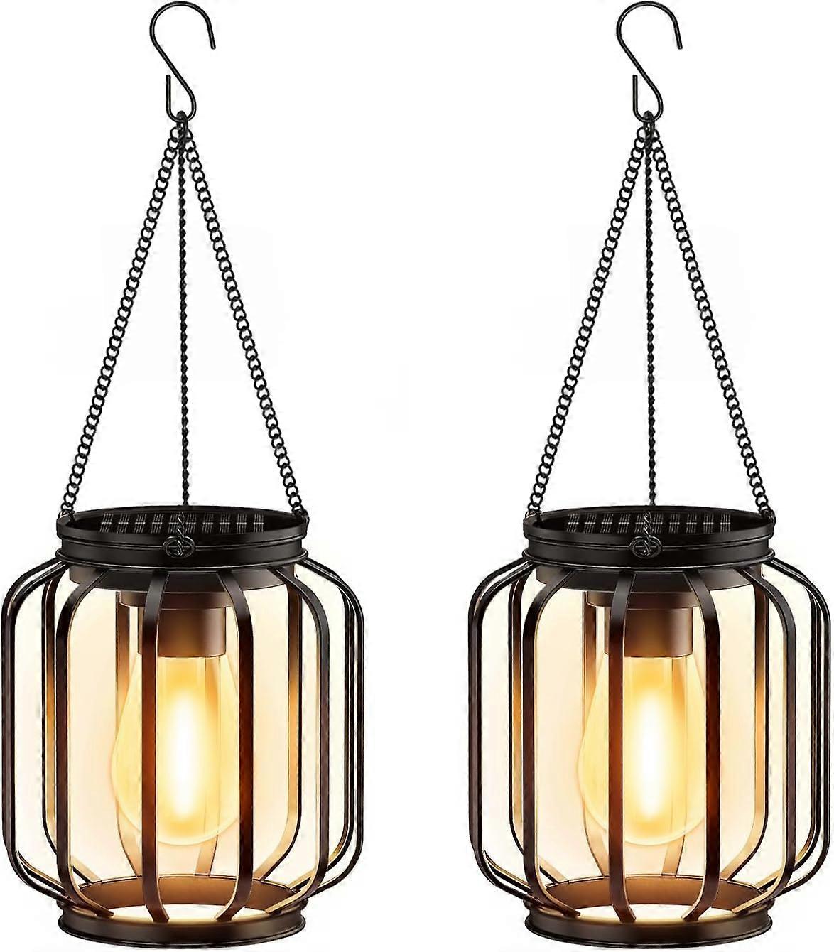 Solar Lights for Outdoor Hanging - 2 Pack Metal Lanterns with LED Bulb, Waterproof Hook and Chain for Patio, Balcony, Yard