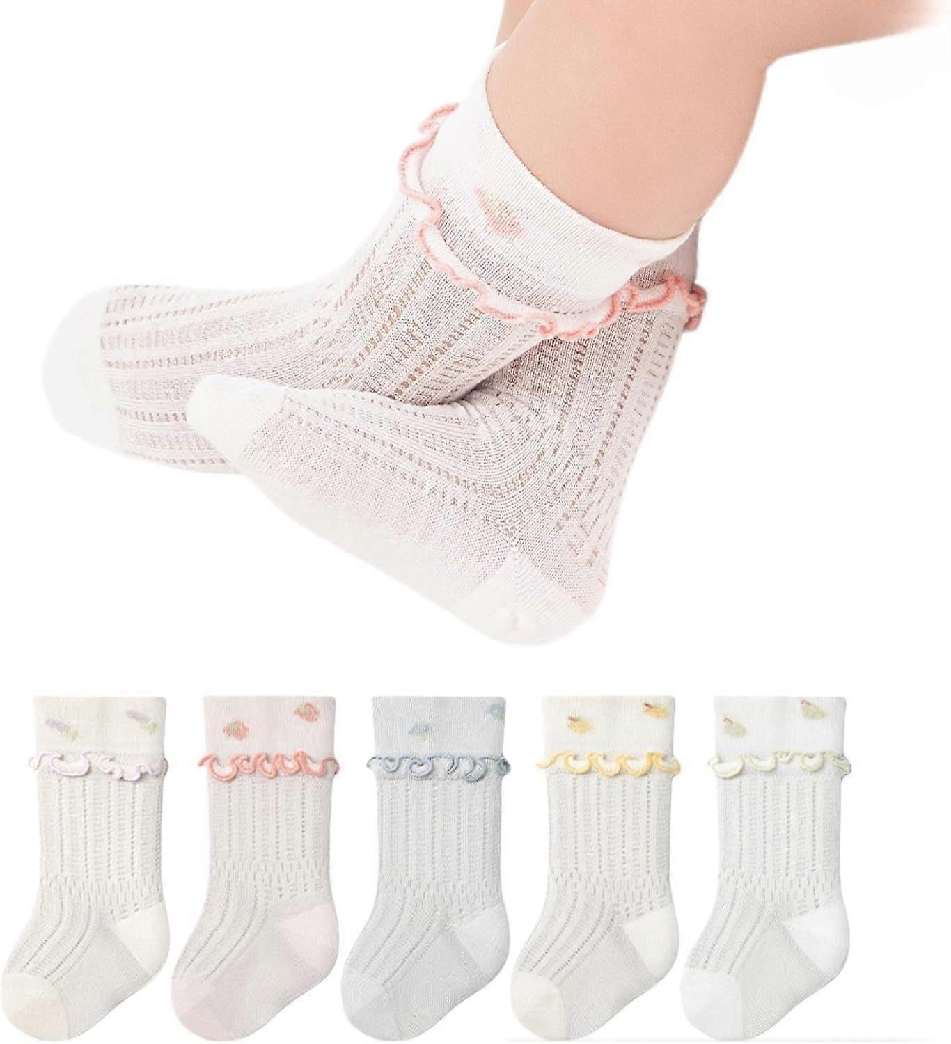 5 Pairs Baby Toddler Girls Princess Frilly Socks, Summer Ruffle Soft Cotton Thin Mesh Socks for Dress, 0~5T