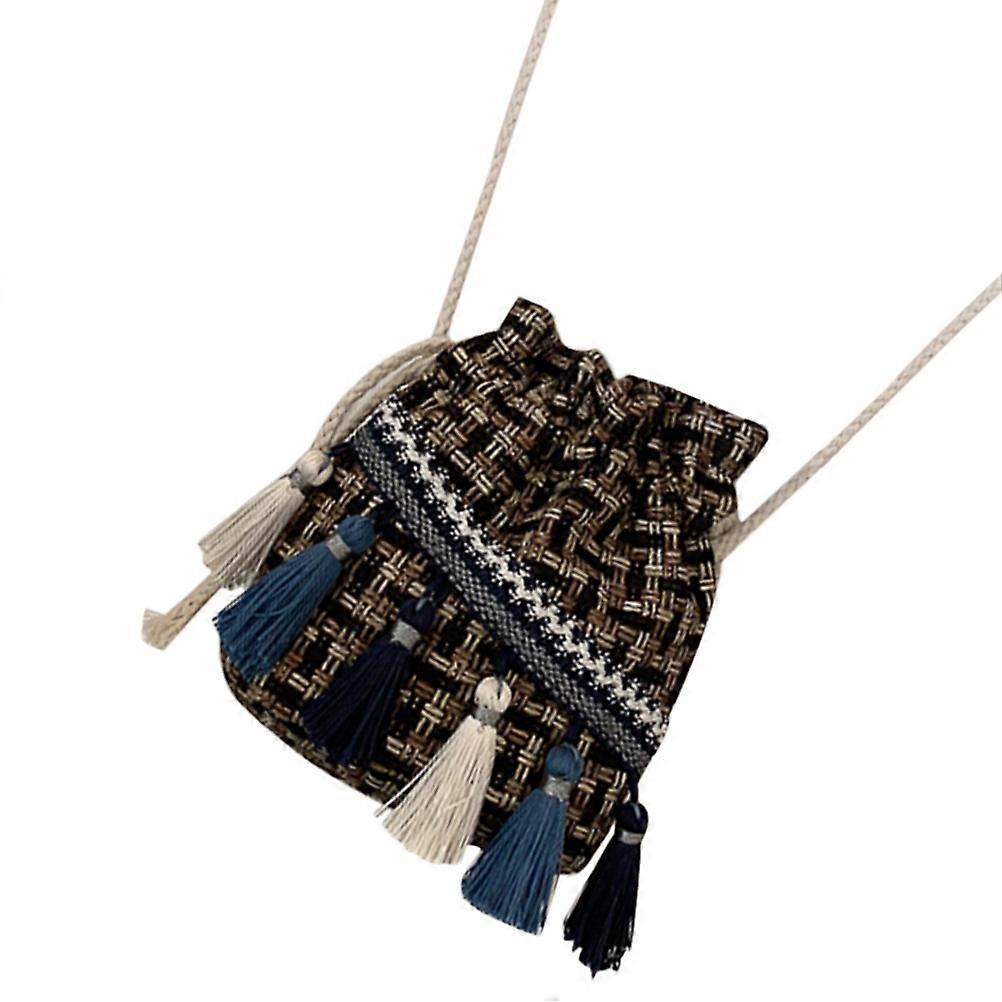Straw Beach Bag Small Woven Purse Bucket Shape Design Traveling Everyday Use Black Color 1Set