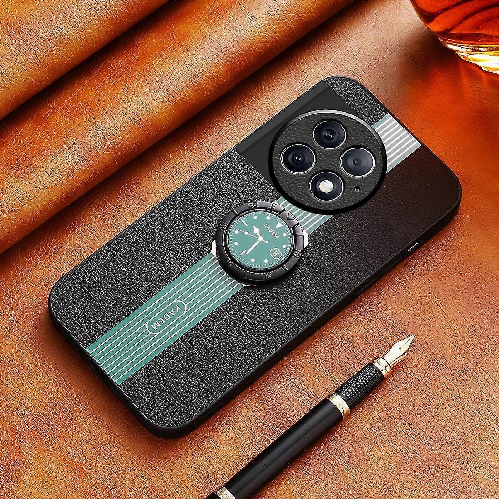 لغطاء Oneplus 12 جلدي مع حامل حلقة مغناطيسية ، غطاء واقي رفيع مضاد للانزلاق مخطط للصدمات