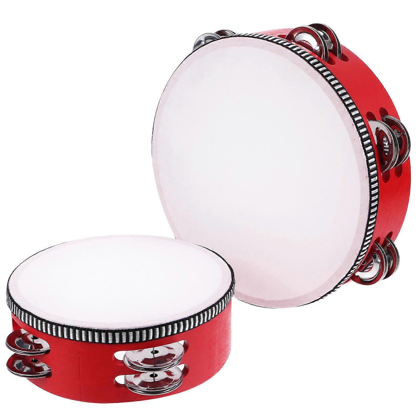 Percussion Tambourine 2Pcs Red Color Handheld Instrument Suitable For Performing Arts And With Bright Jingle Bells