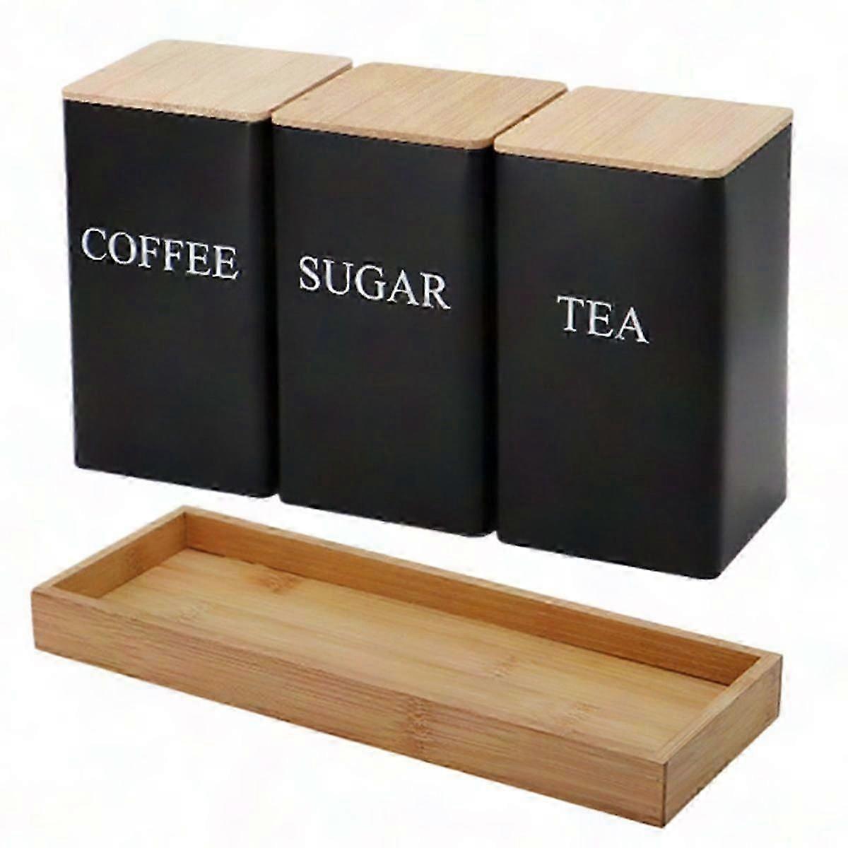 3PCS Tee Kaffee Zuckerdose Set mit Tablett, Eisengläsern und Bambusdeckeln - Kaffee Zucker Tee Vorratsbehälter