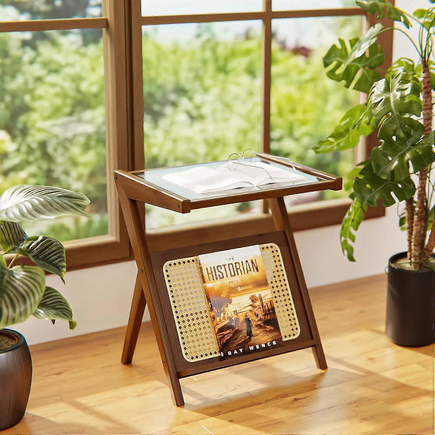 Rattan Side Table Set, Boho Mid-Century Modern End Table with Glass Shelf, Bamboo Coffee Table for Bedroom Living Room, Small Bedside Table with