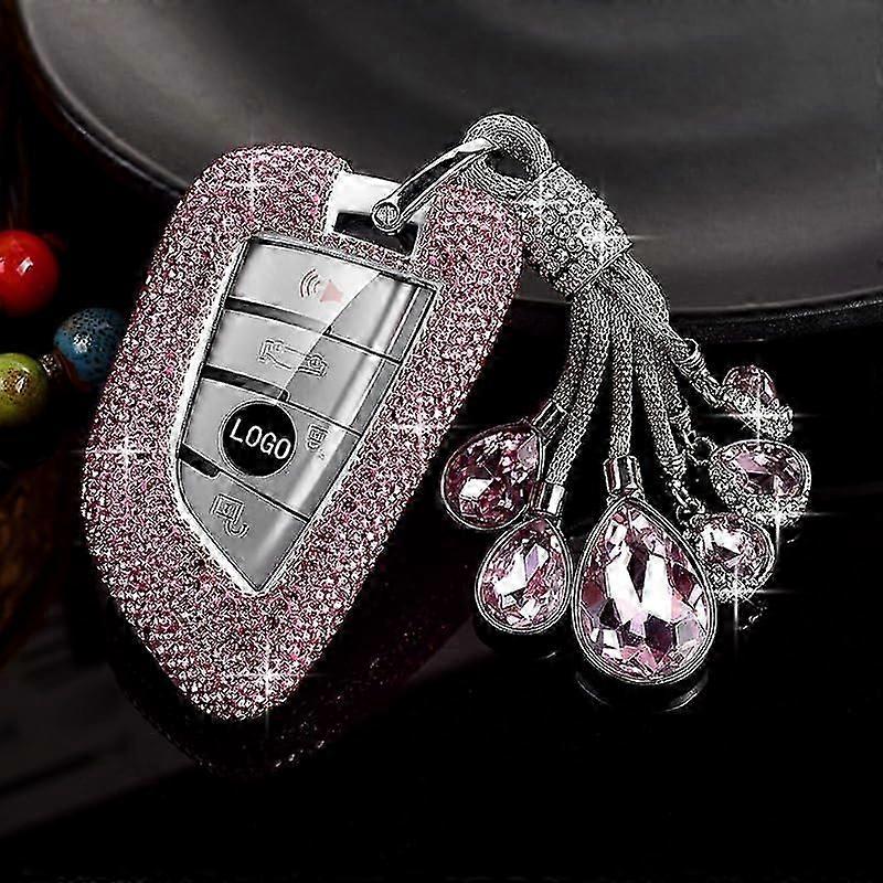 Key fob Cover for BMW, Rhinestone Crystal Key Case Shell Protector with Pendant Keychain for 2 5 6 7 Series X1 X2 X3 X5 X6 X7 M5 M6 (Pink)