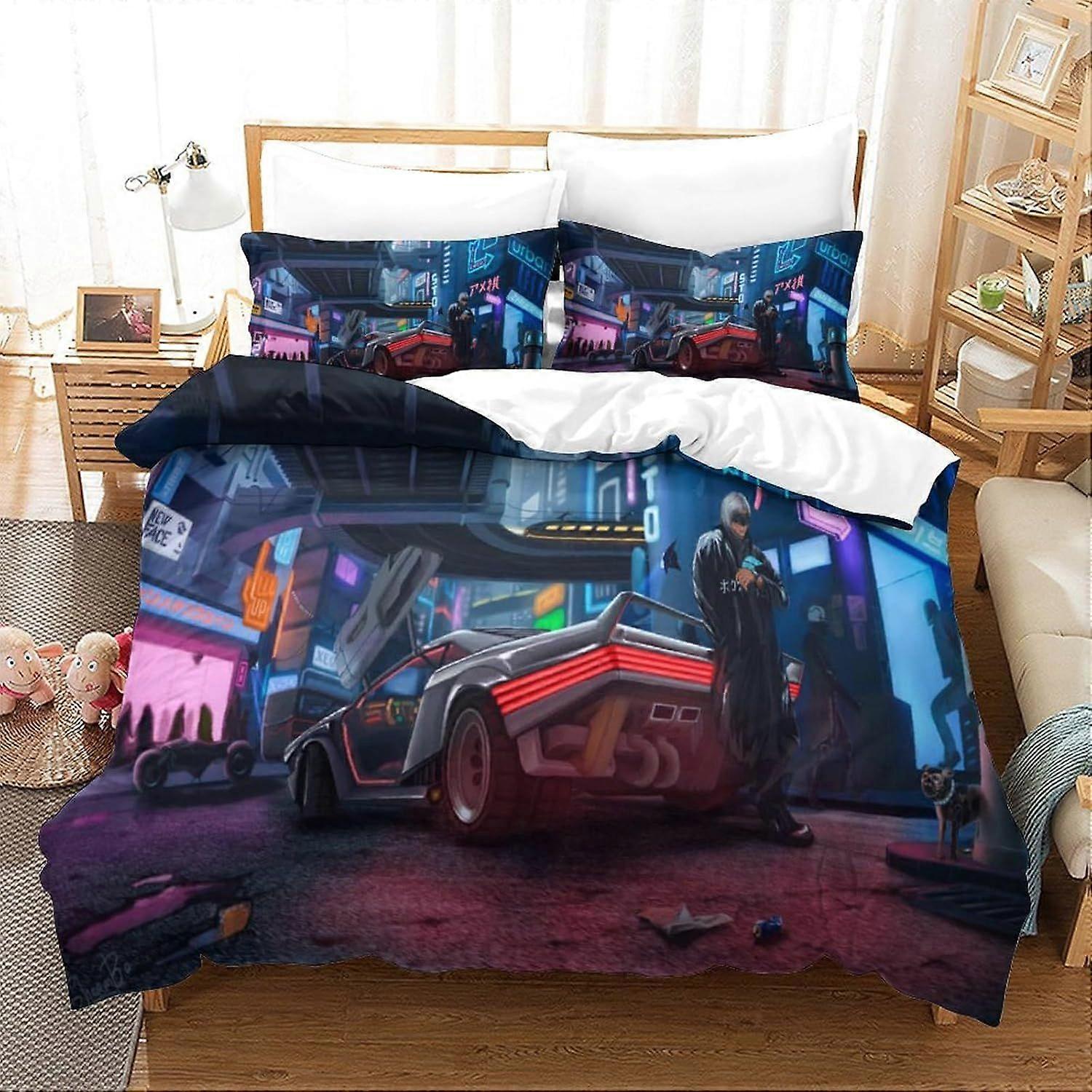 U3 3D Printed Cyberpunk 2077 Bed Kit with Sci-Fi Hero Design, Soft Microfibre, 3 Piece Duvet Cover Set, 2 Pillowcase, Hidden Zip, . Y3