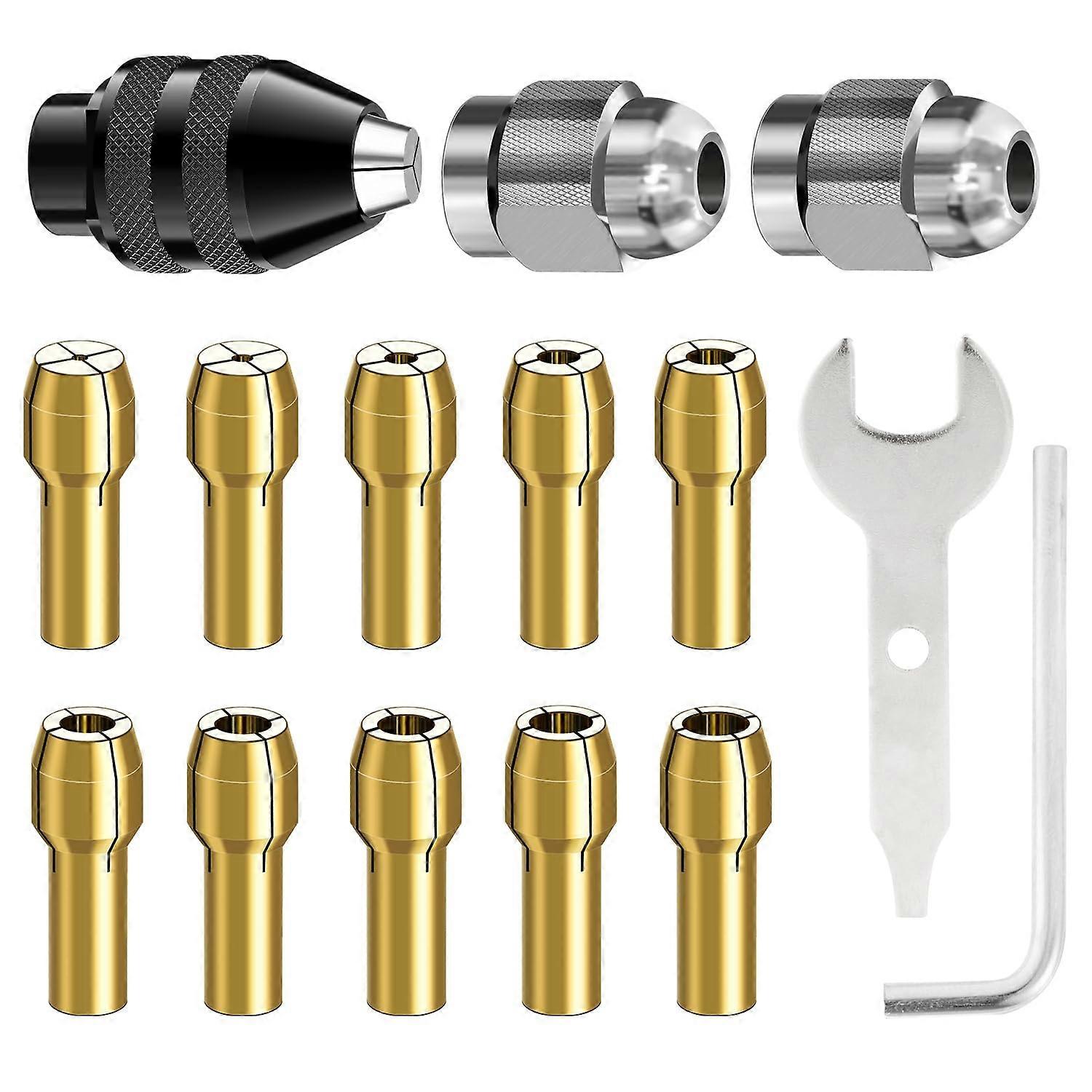 Drill Chuck Collet Set For Dremel, 15Piece Kit, 0.83.2mm Shank, 4486 Keyless QuickChange Chuck, Brass Collet Nut 4485
