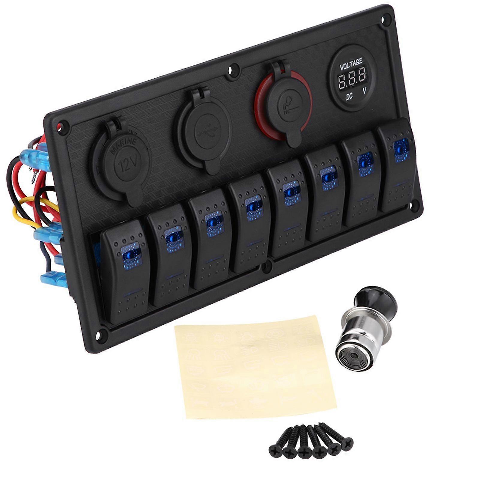 12V 24V 8 Gang Car Boat LED Rocker Switch Control Panel Dual USB Voltmeter Cigarette Lighter