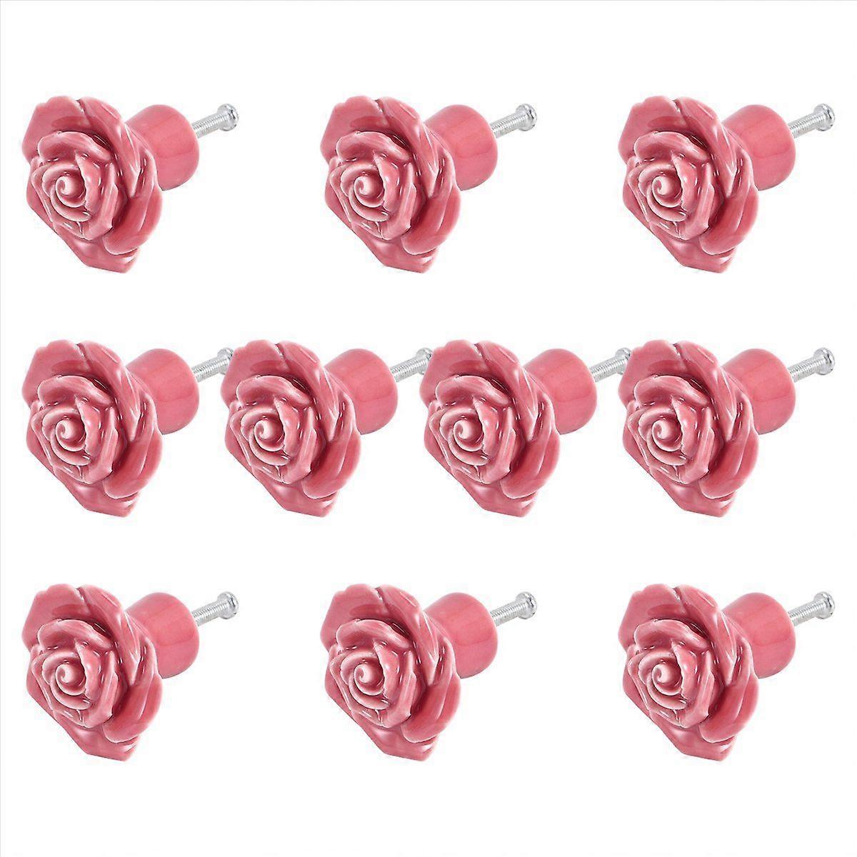 10 Pcs Ceramic Floral Rose Flower Door Knobs Drawer + Screws (Pink)