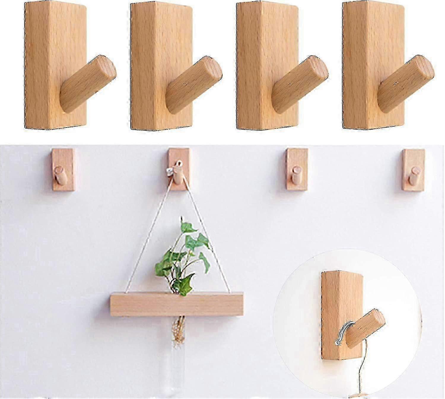 4pcs Natural Wooden Coat Hooks, Wood Wall Hooks, Adhesive Hooks Hat Hook, Rectangle Beech (q)
