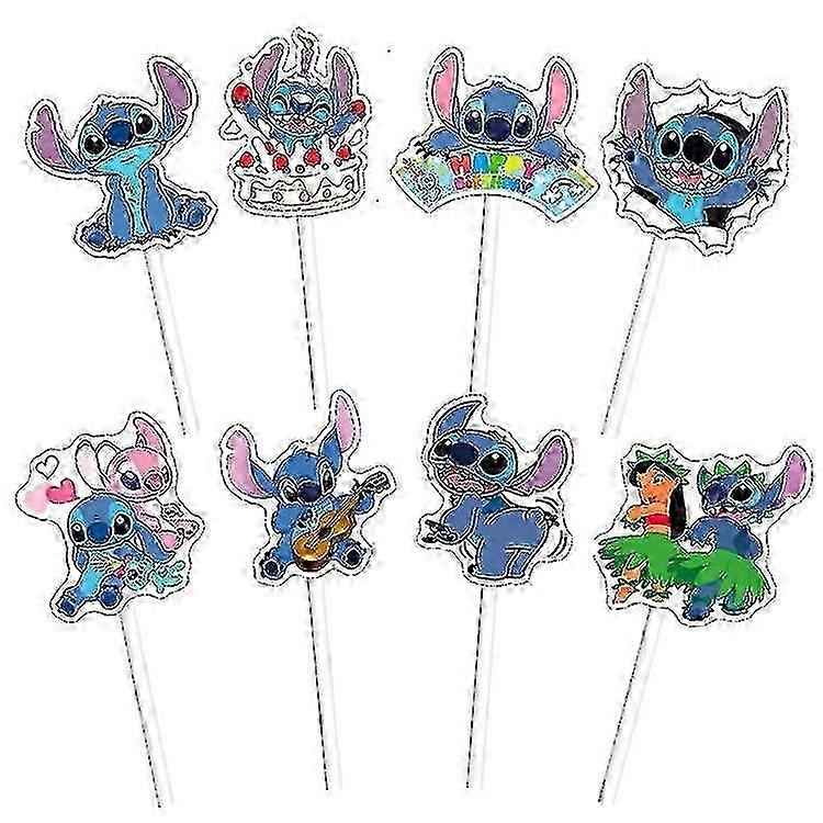 2025 8pcs/set Disney Lilo & Stitch Cake Topper For Birthday Party Stitch Paper Cupcake Topper For Kids Birthday Party Cake Decoration