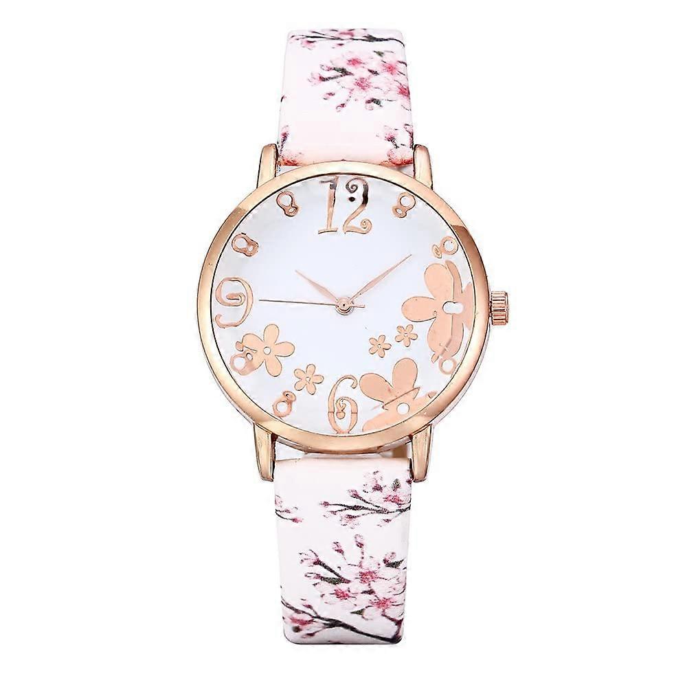 Quartz Watch Unisex Floral Printed Dial Embossed Pattern Khaki One Size