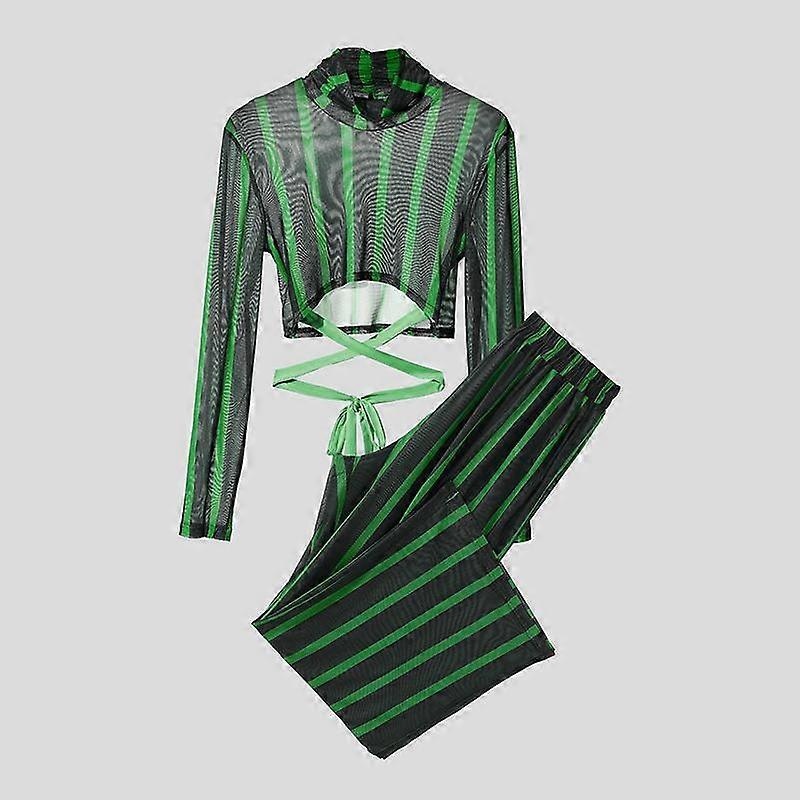INCERUN Two-piece Men Long Sleeve Striped Mesh Sheer Crop Tops Elastic Waist Pants Sets