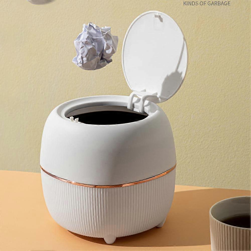 Mini Plastic Office Trash Bin with Push Button Lid for Desk, Bedroom, Kitchen Table (White)