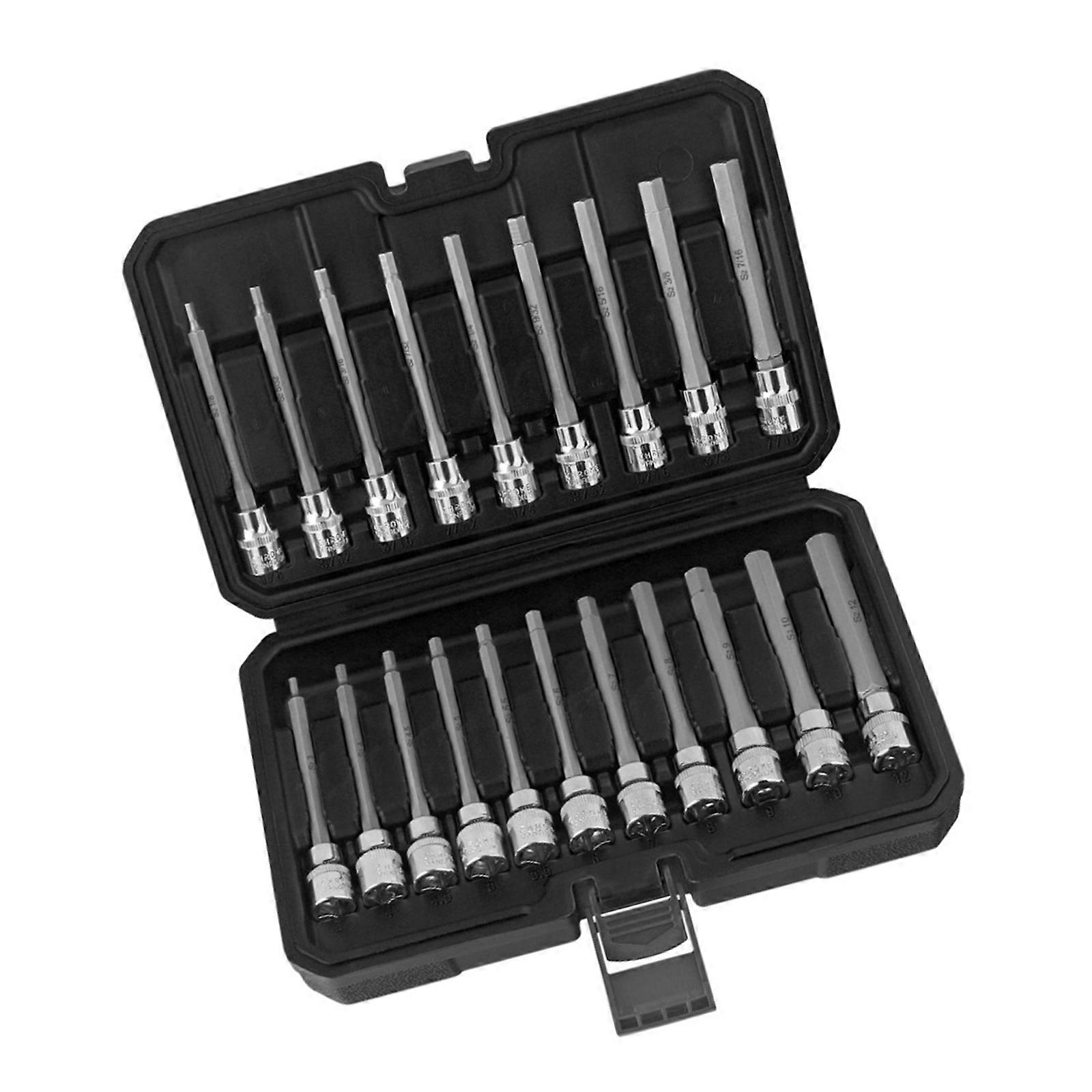 20PC Practical Extra Deep Hex Bit Sockets Set 3/8" Drive Includes Metric 3 12mm British 1/8 7/16" With Storage Case Multicolor