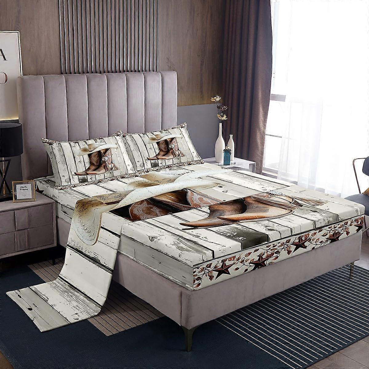 Full Size Bed Sheets Rustic Horseshoe Cowboy Bedding Set Deep Pocket Breathable Microfiber Brown White