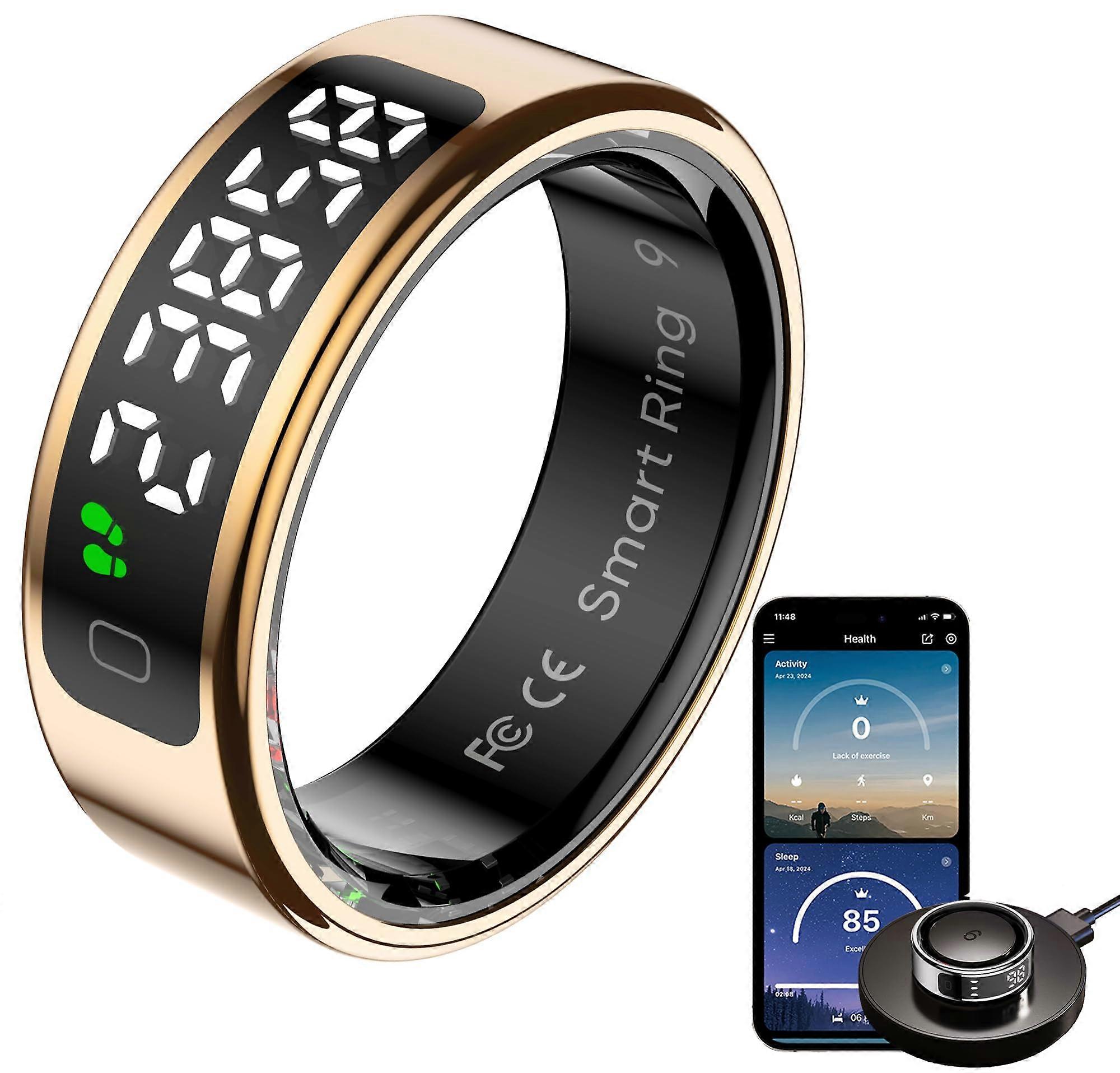 Smart Ring with Touch Screen Heart Rate Monitor Sleep and Fitness Tracker IP68 Waterproof Gold