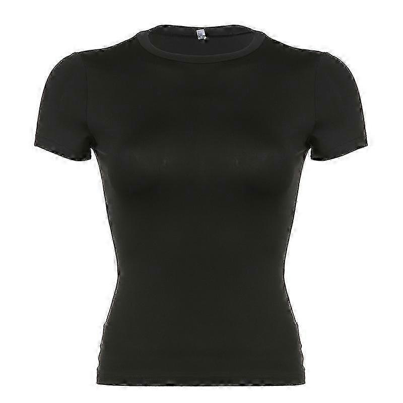 Women's Summer Slim Fit Round Neck Crop Tee Short Sleeve Solid Color Lightweight Polyester