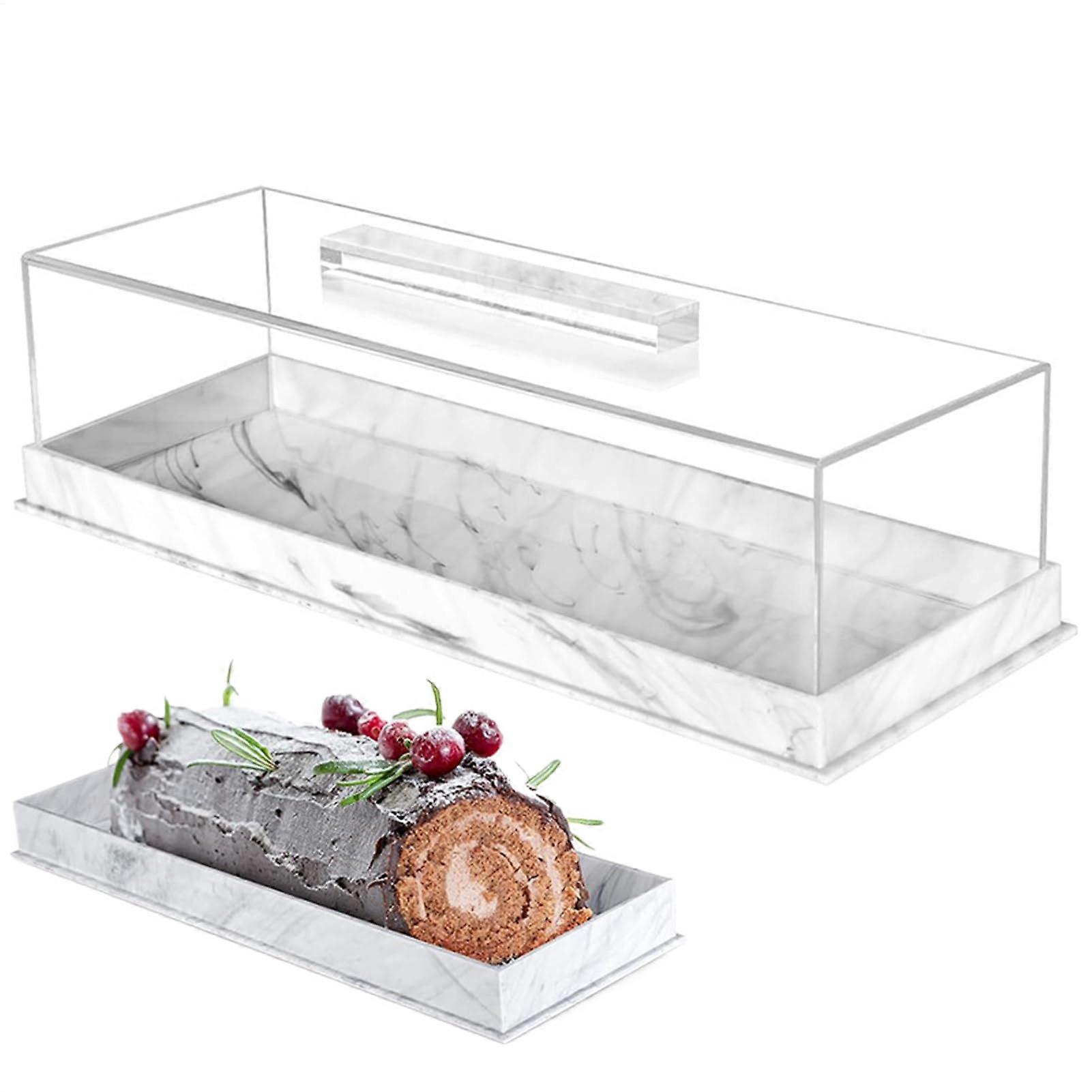 Acrylic Cake Stand with Lid, White Marble Dessert Holder, Rectangular Pastry Display Case