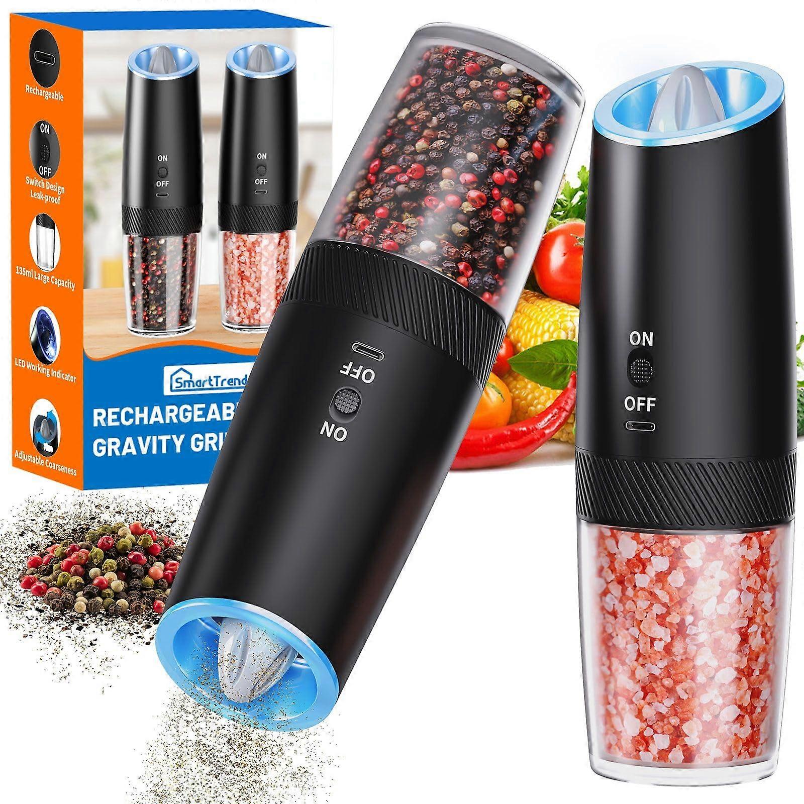 Electric Salt and Pepper Grinder Set with LED Light, Gravity Activated, Rechargeable, Adjustable Coarseness, Large Capacity, 2 Pack