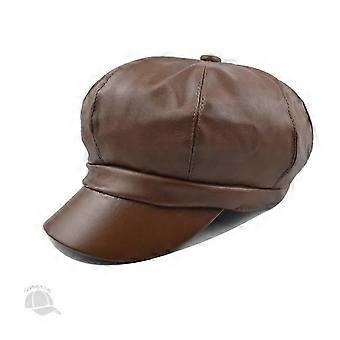 Hatt kvinnors höst och vinter PU läder åttkantig hatt mode mångsidig målare hatt anktunga hatt retro brittisk basker