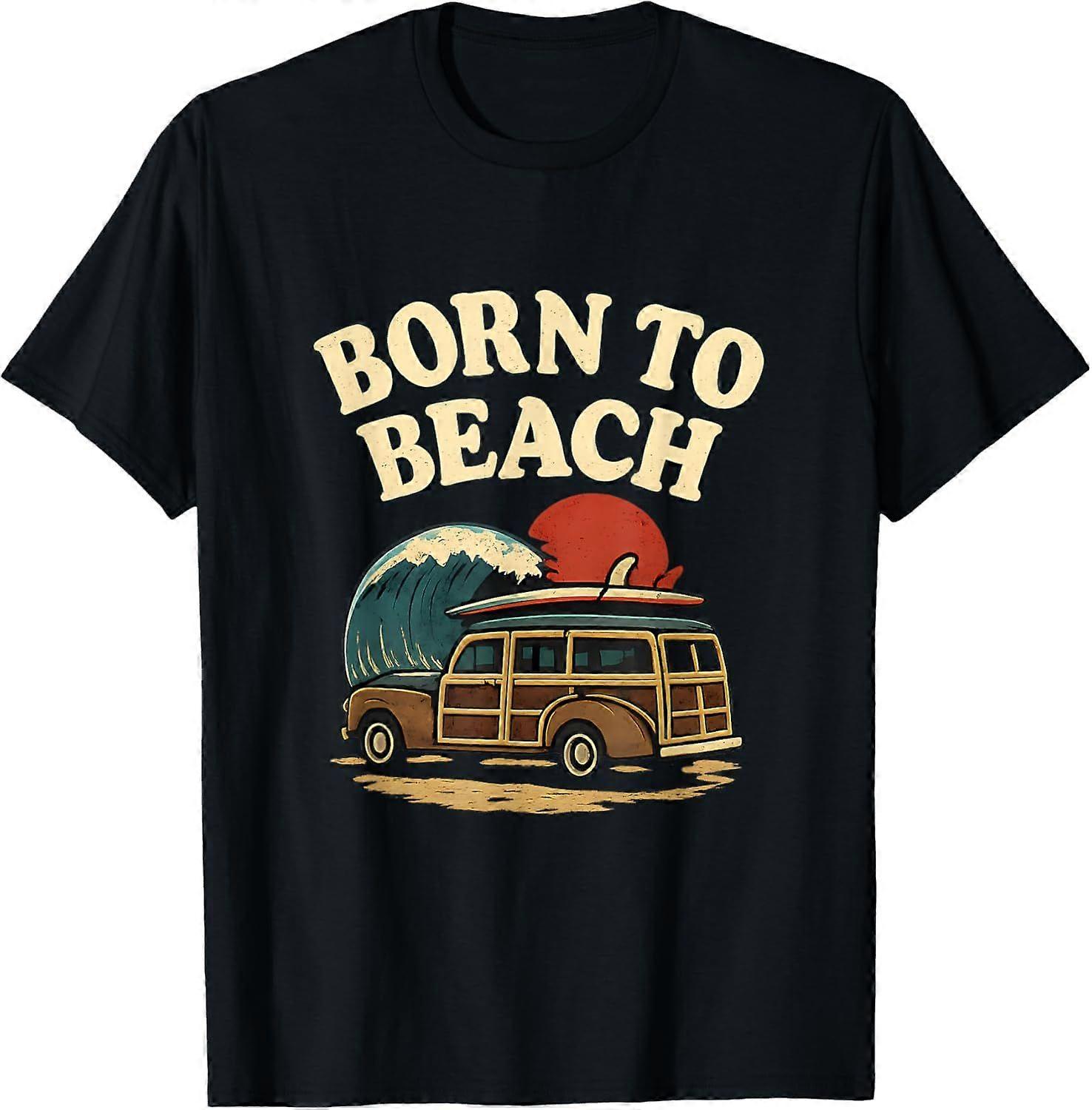 Born to Beach Vintage Surfboard Woody Wagon Summer Art T-Shirt Type 0651