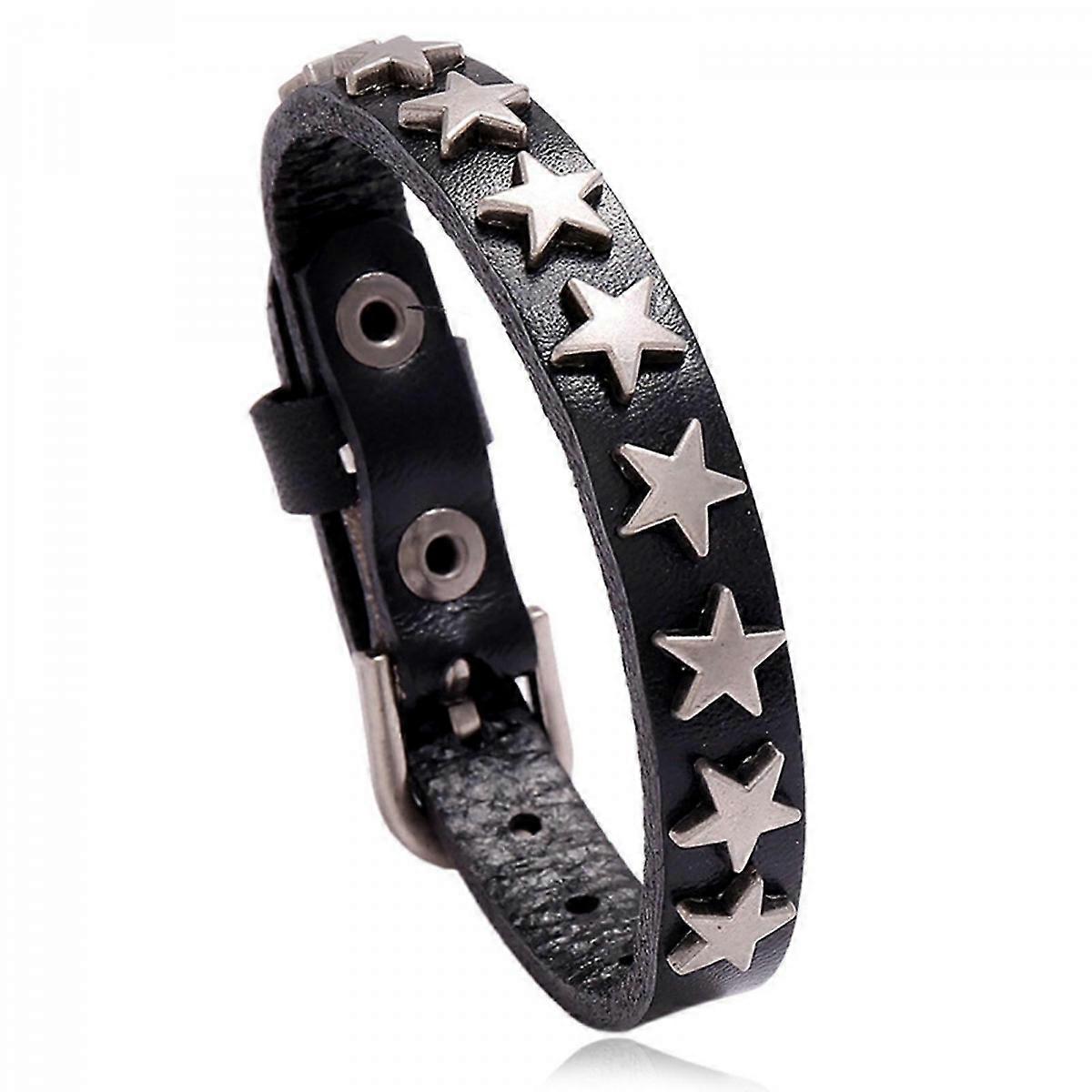 Punk Leather Cuff Bracelet with Star Buckle & Adjustable Studs