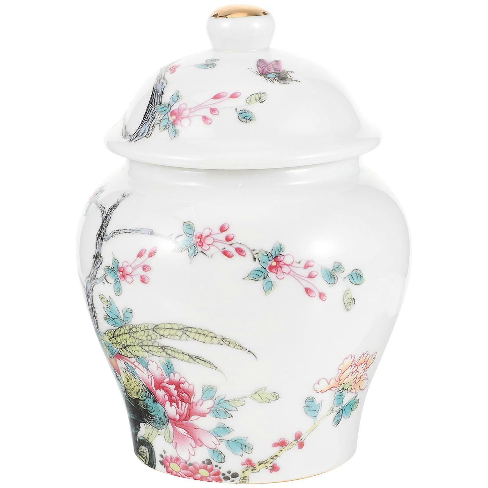Flower Bird Pattern Tea Canister Ceramic Jar for Household Storage