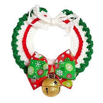 Pet Christmas Collar Adjustable Cute Hand Woven Cat and Dog Knit Cat Collar Scarf with Bell M Christmas Bow Tie Green Collar M