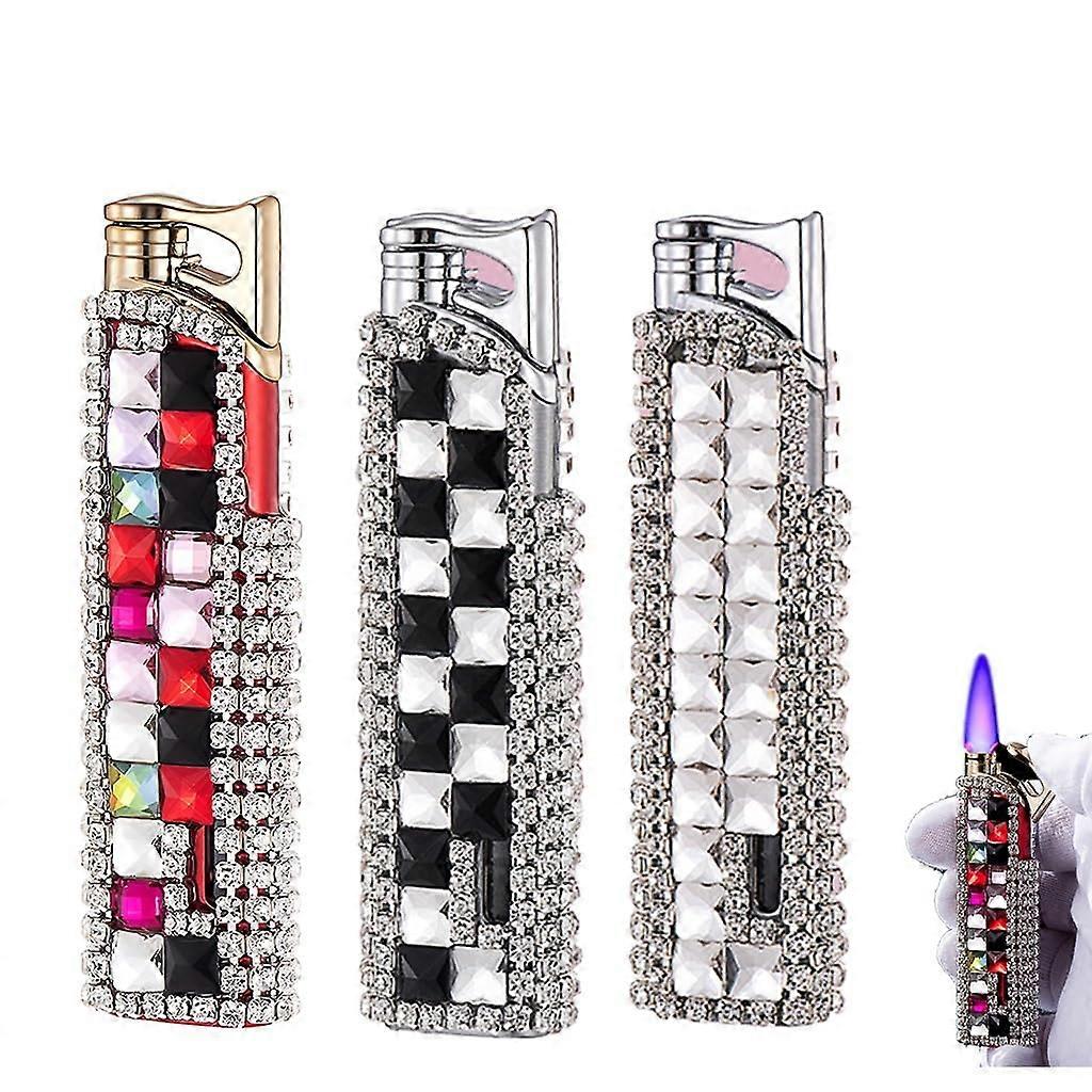 Women's Diamond Butane Torch Lighter Set 3pc, Windproof Blue Flame, Refillable Adjustable Flame Control