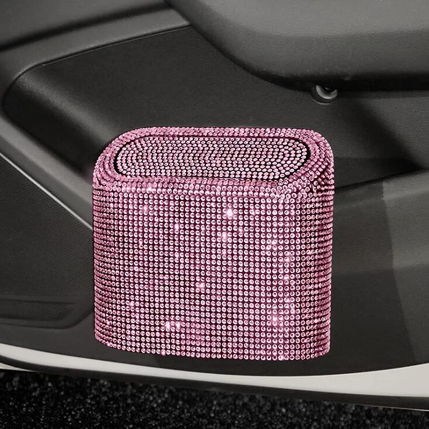 Bling Rhinestone Car Trash Can With Lid, Mini Crystal Hanging Auto Garbage Can, Vehicle Plastic Trash Bin