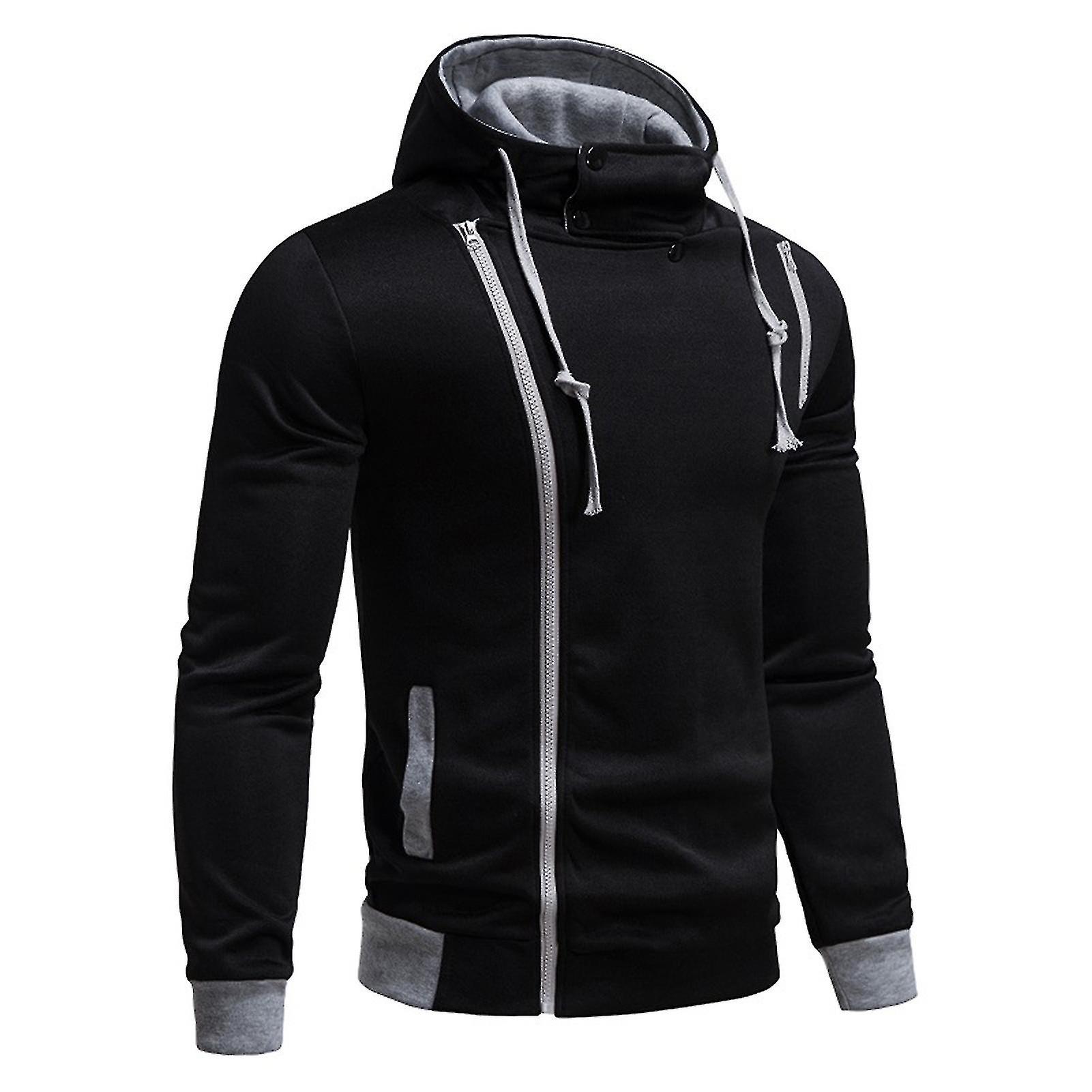 Men Fall Hoodie Oblique Zipper Long Sleeve Hooded Contrast Color Elastic Cuff Drawstring Asymmetric Sweatshirt Soft Men Top